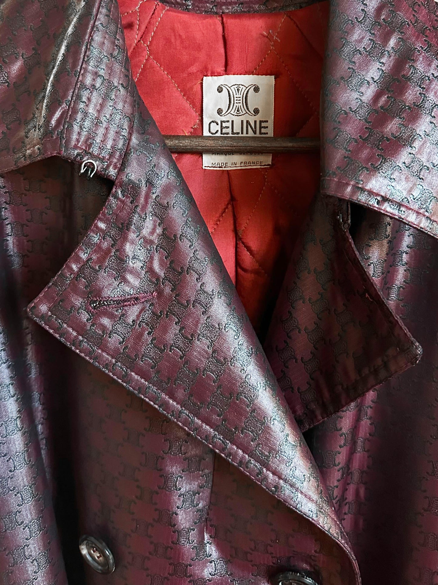 Celine 1990s Burgundy Monogram Coated Canvas Trench Coat