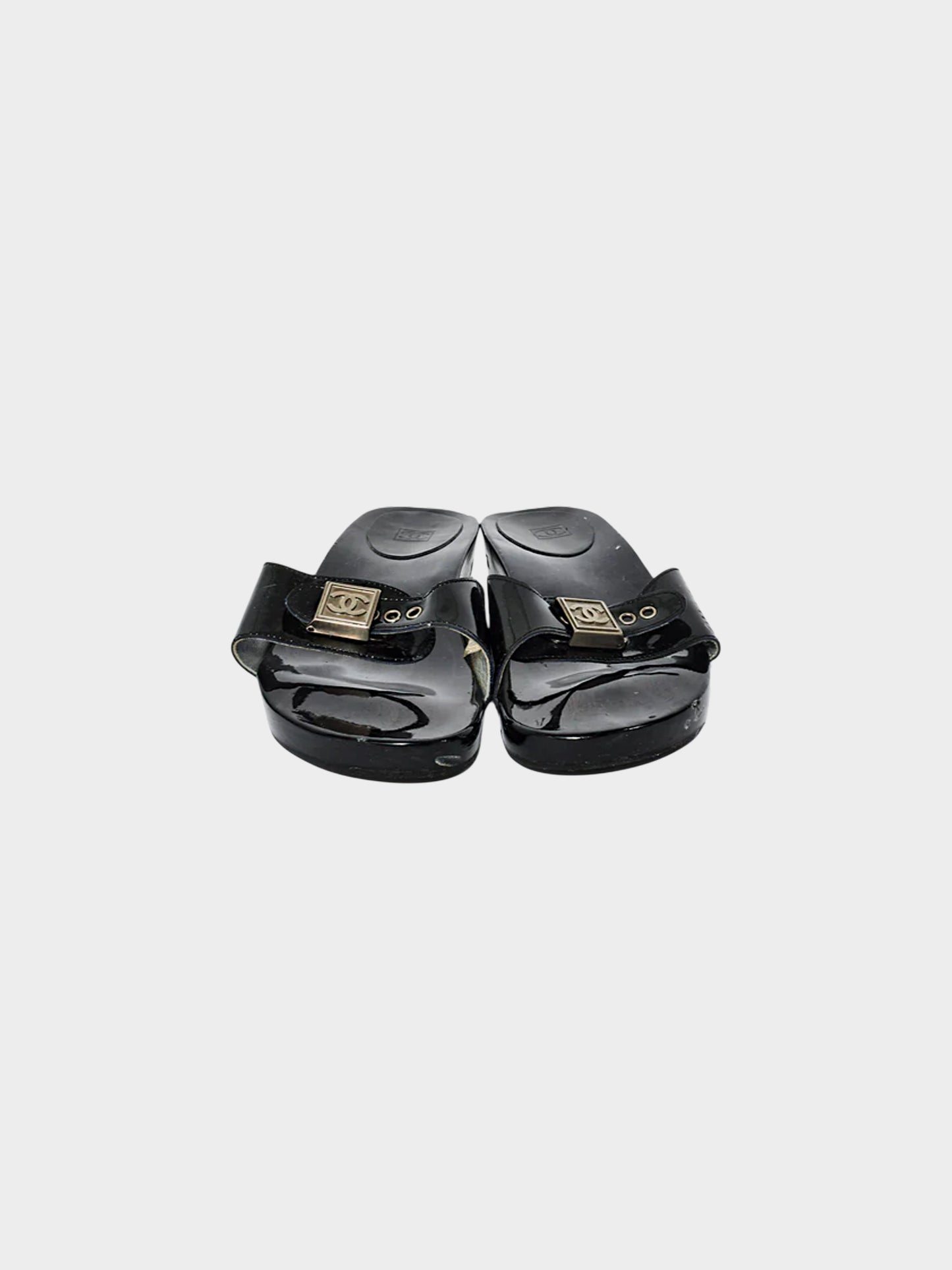 Chanel 2004 Black Patent Leather and Lacquered Wood Clogs