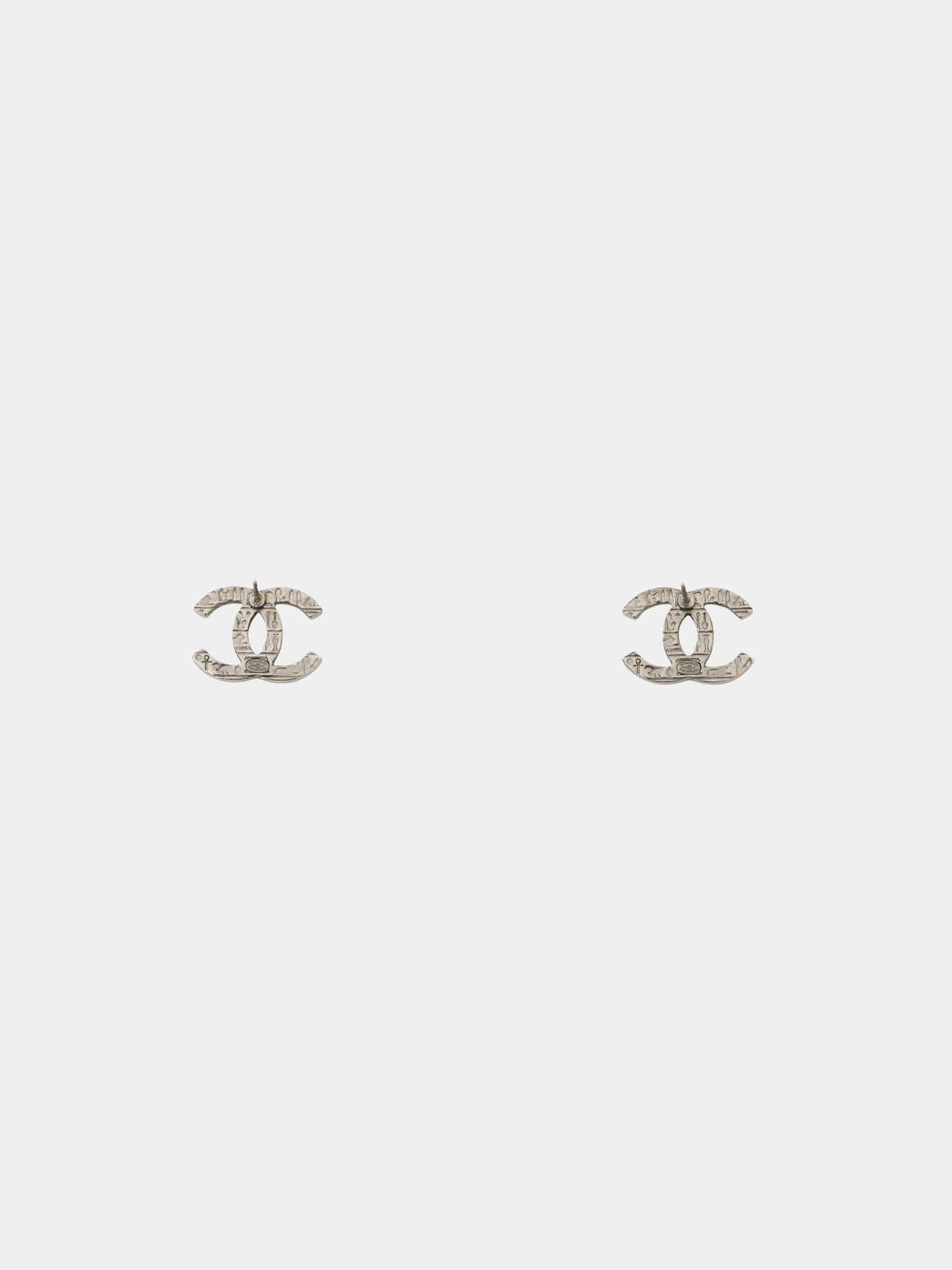 Chanel 2019 Silver Engraved Hieroglyphics CC Earrings