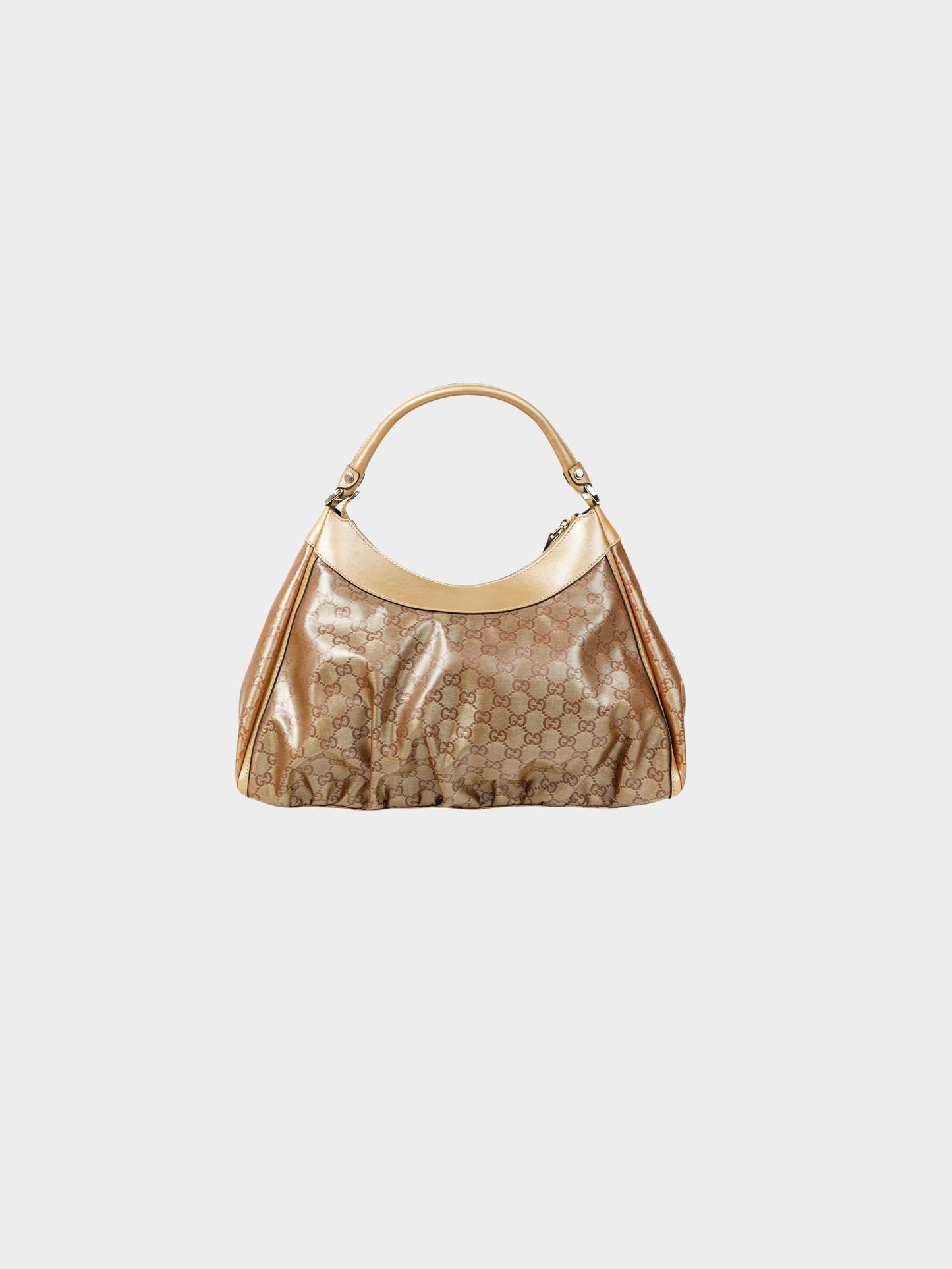 Gucci 2000s Gold Metallic Leather and Brown GG Crystal Canvas D-ring Bag