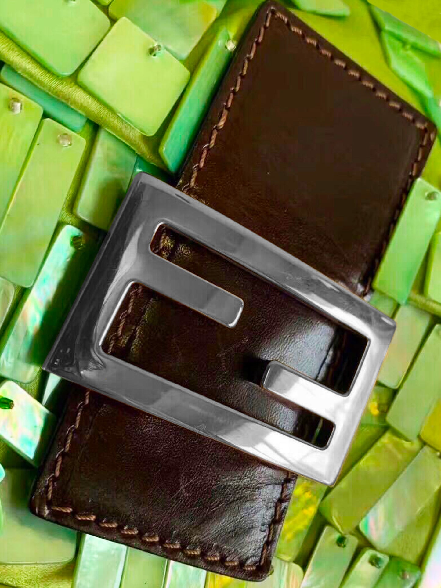 Fendi 2000s Rare Green Satin and Mother of Pearl Shell Baguette Bag