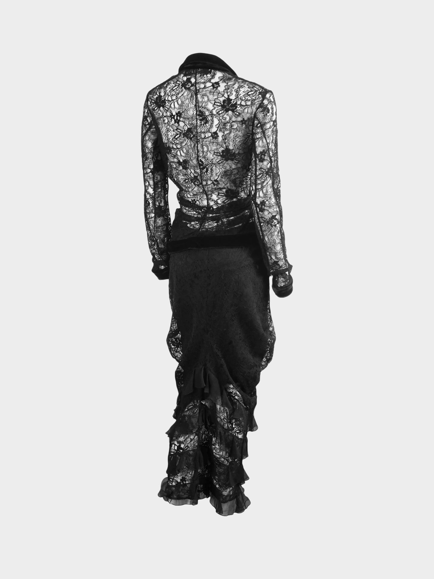 Christian Dior by John Galliano SS 2003 Black Lace Velvet Trim Top and Ruffled Skirt Set