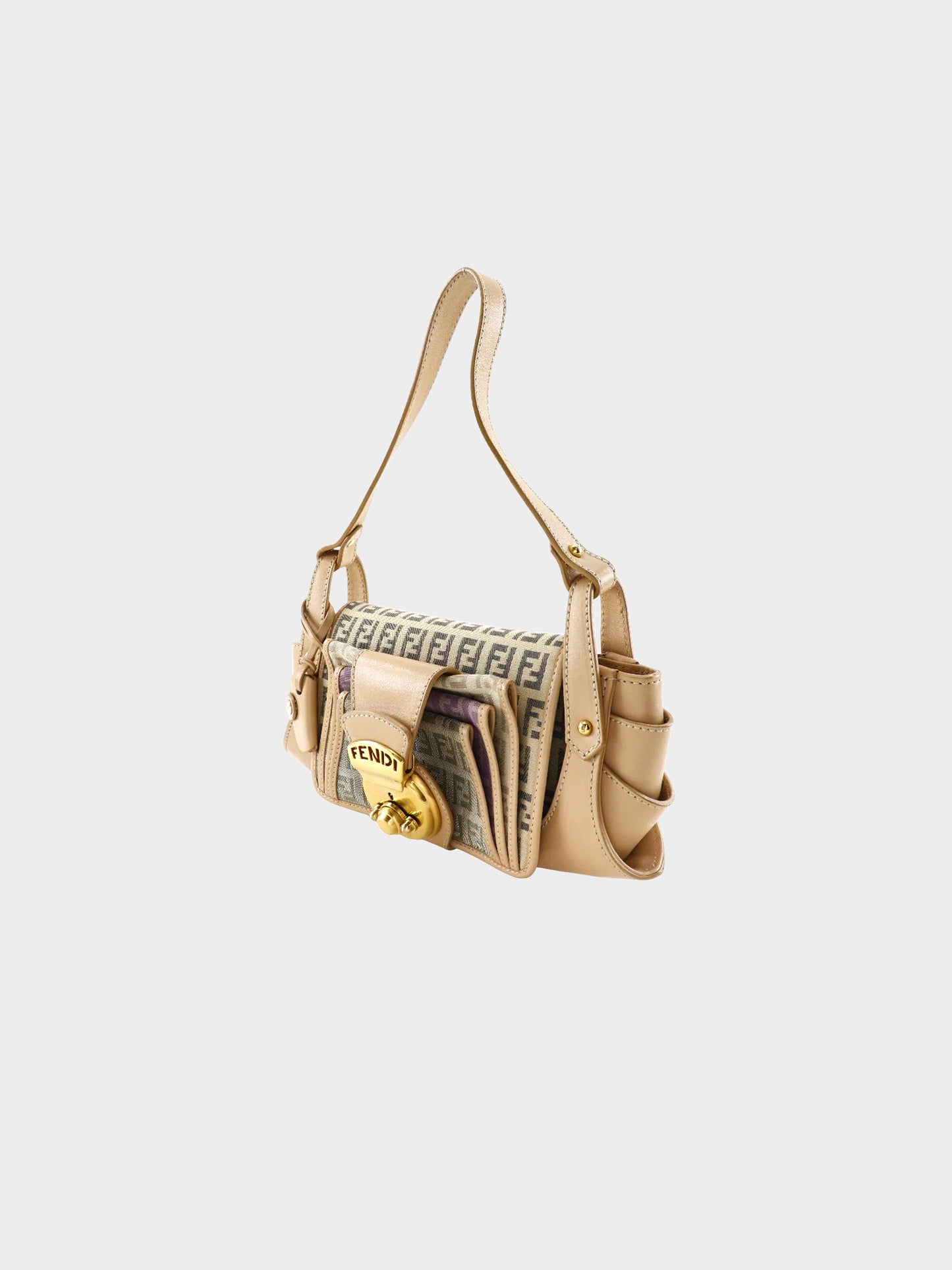 Fendi 2004 Beige Calfskin Leather and Zucchino Canvas Bag