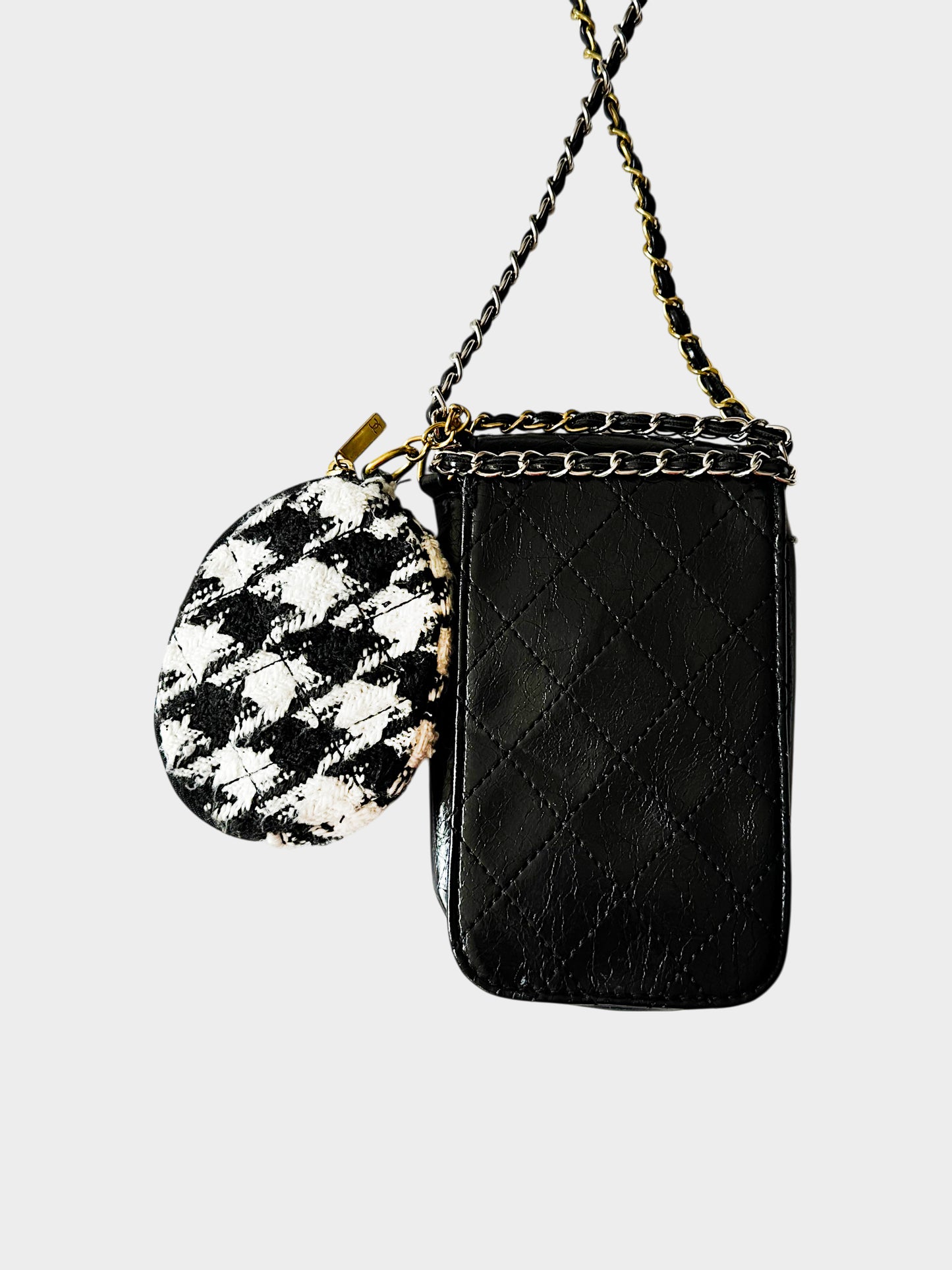 Chanel 2020s Black Oil Wax Leather and Houndstooth Tweed Multi-pochette Bag