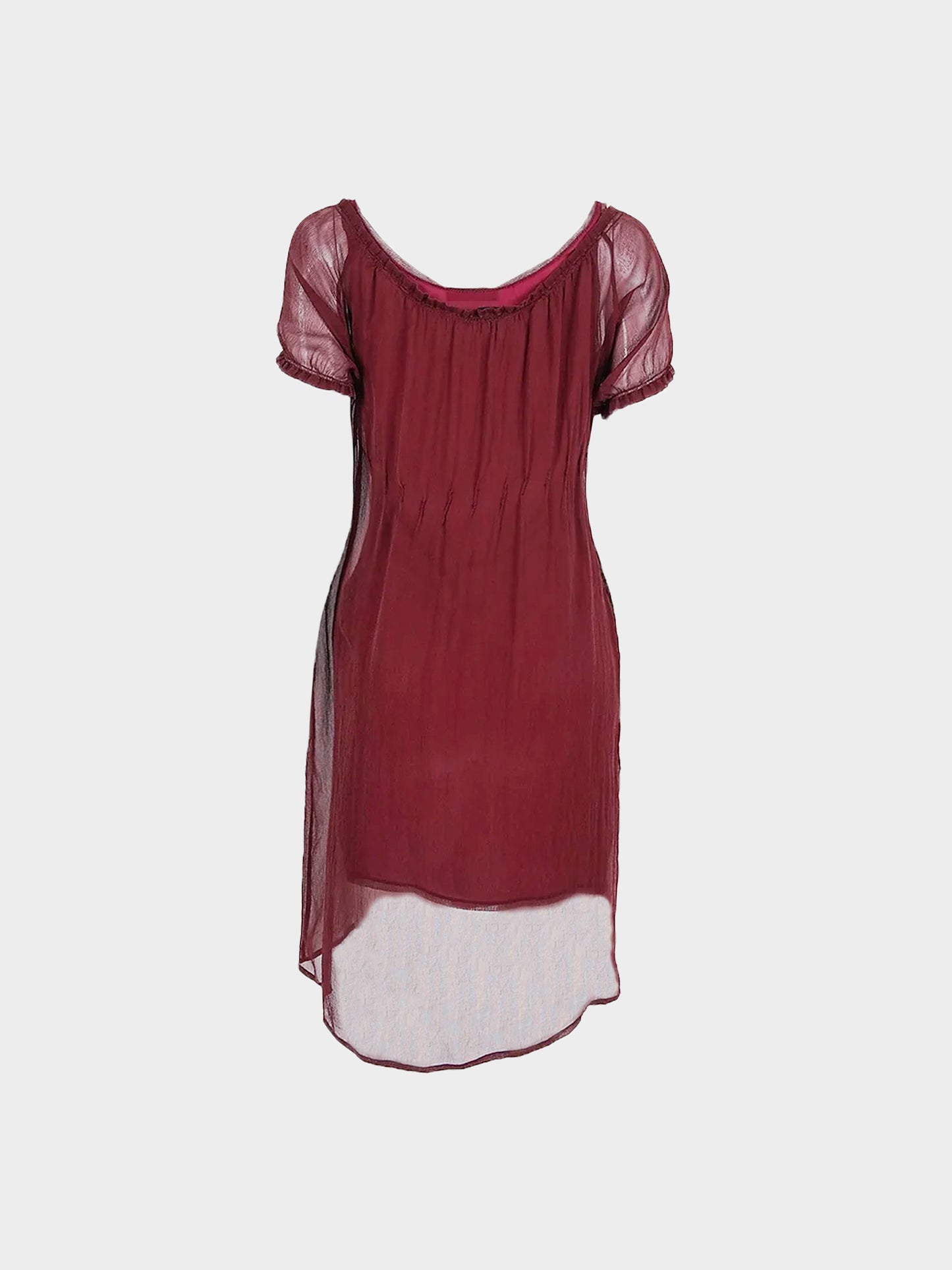 Prada SS 1997 Runway Burgundy Silk and Sheer Overlay Dress