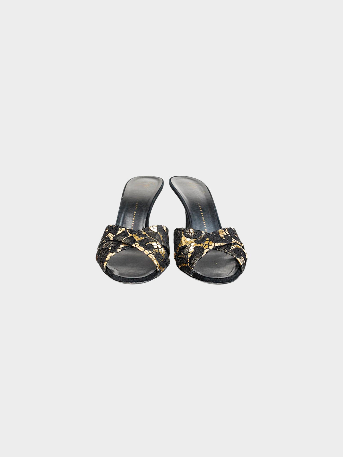 Giuseppe Zanotti 2010s Black Lace and Gold Metallic Leather Heels