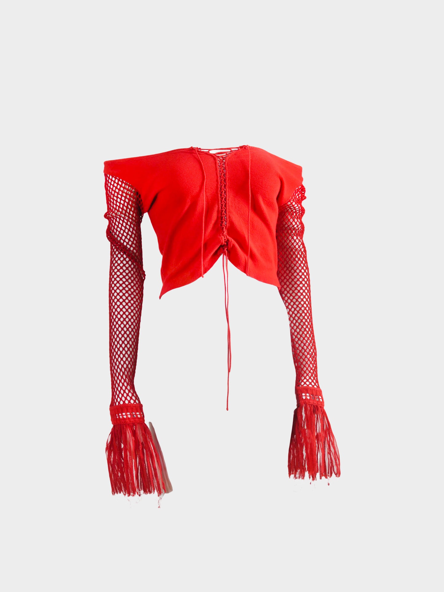 Jean Paul Gaultier 2000s Red Ribbed Crochet Net Sleeves with Tulle Cuffs
