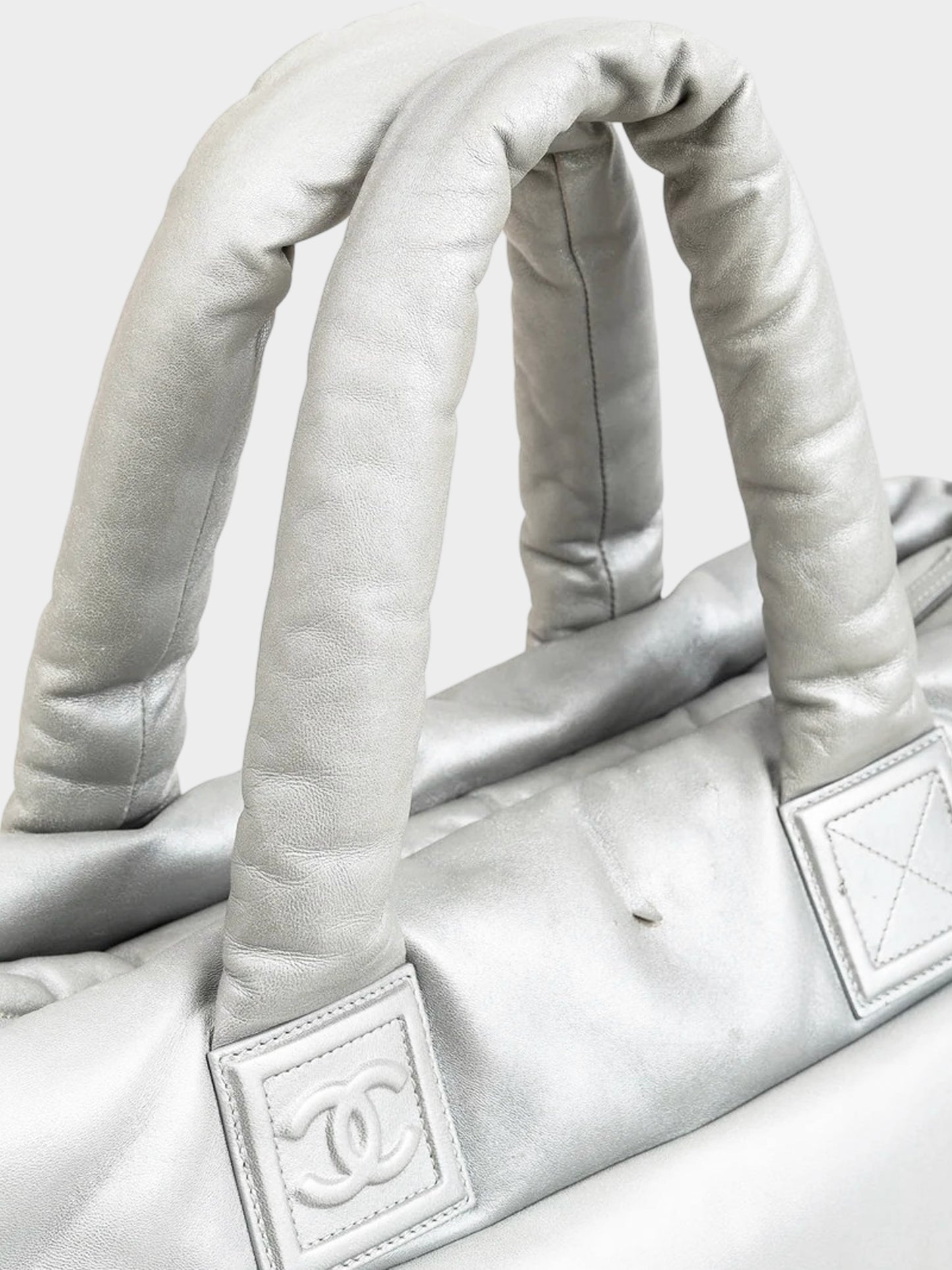 Chanel 2010 Silver Metallic Lambskin Leather Coco Cocoon Tote Bag