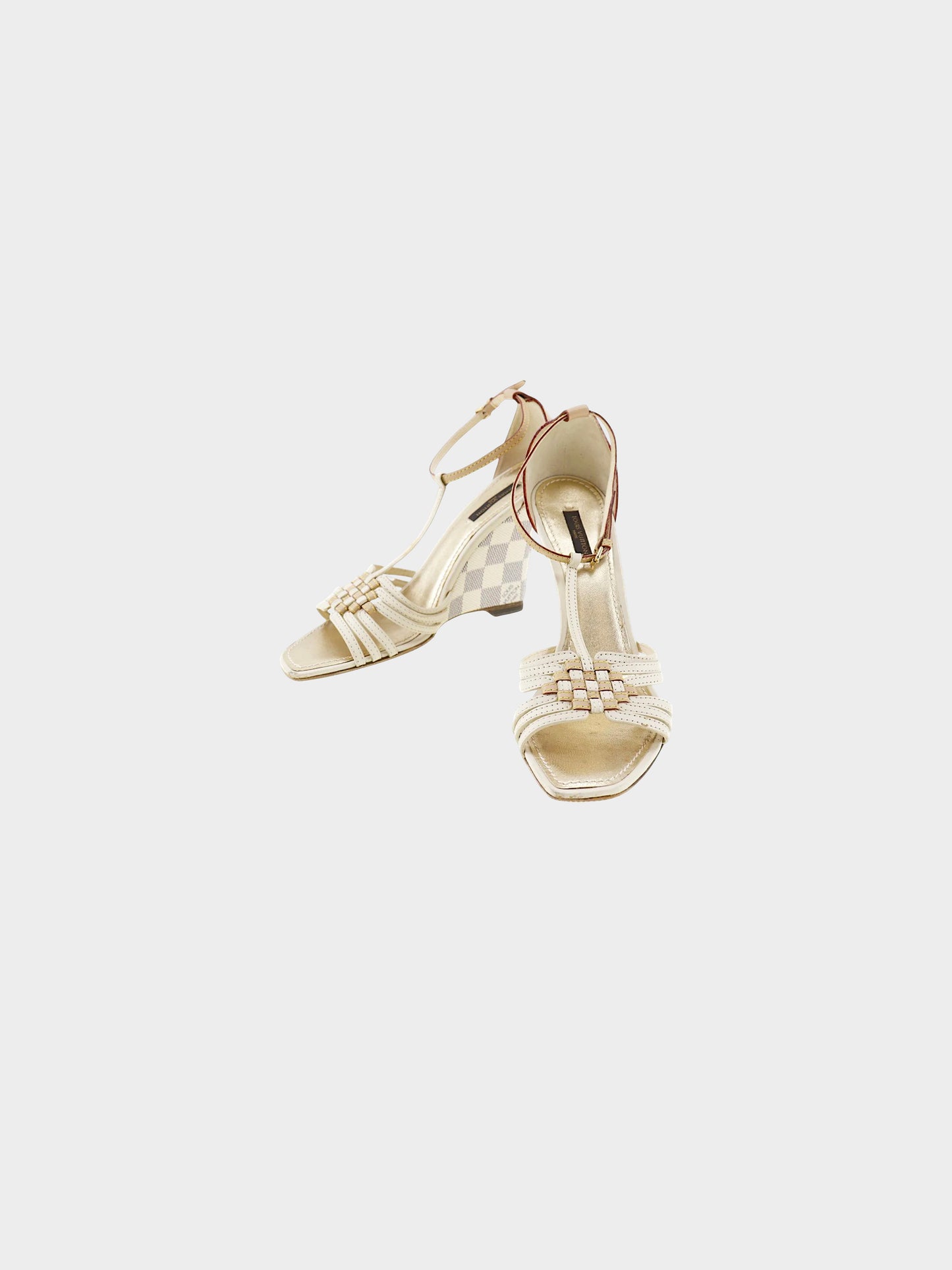 Louis Vuitton 2008 White Leather and Damier Azur Coated Canvas Wedge Sandals