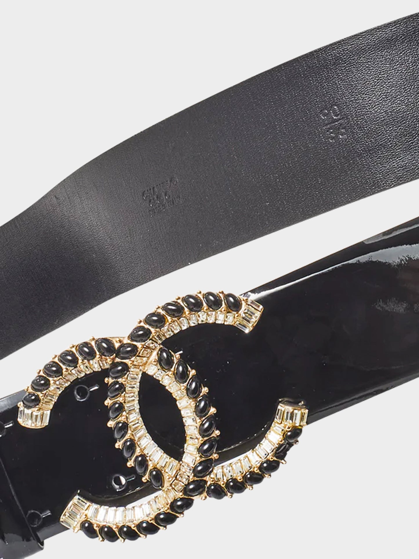 Chanel 2008 Black Patent Leather Crystal Embellished CC Belt