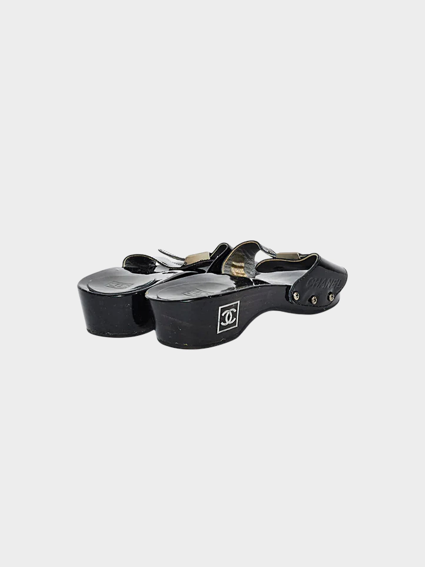 Chanel 2004 Black Patent Leather and Lacquered Wood Clogs