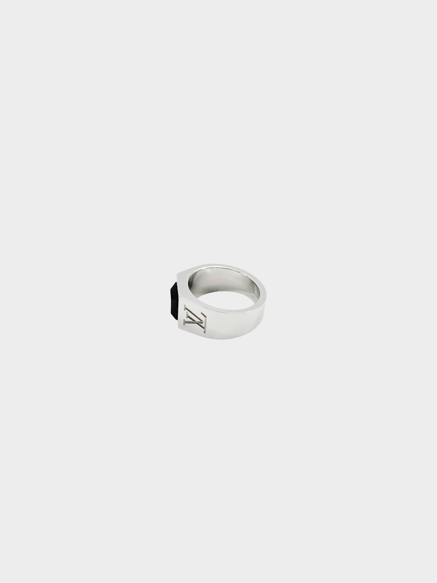 Louis Vuitton 2020s Silver Monogram Engraved Onyx Signet Ring