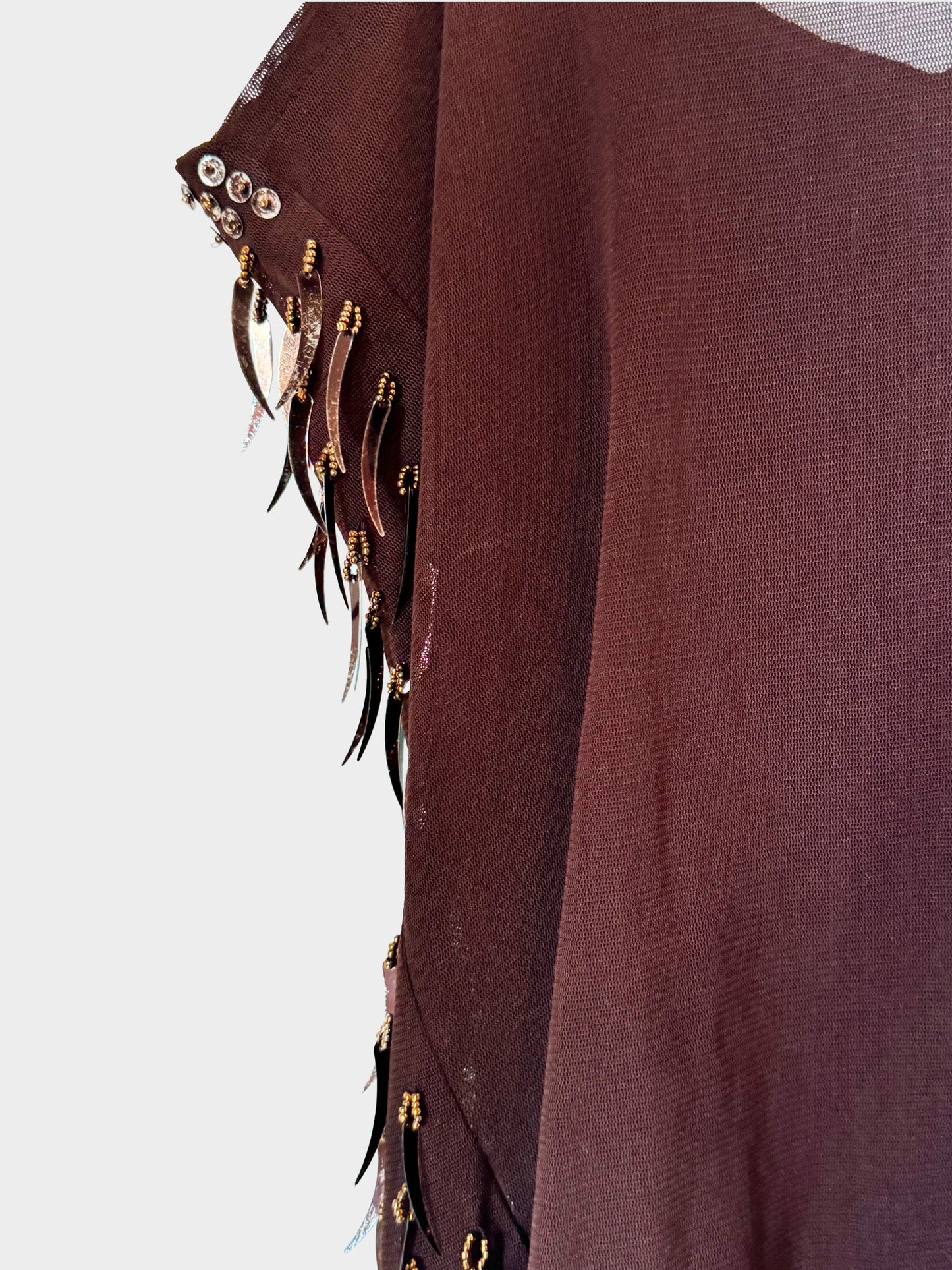 Dolce and Gabbana 2000s Dark Brown Beading and Tiger Tooth Sequin Embellished Sheer Tulle Top