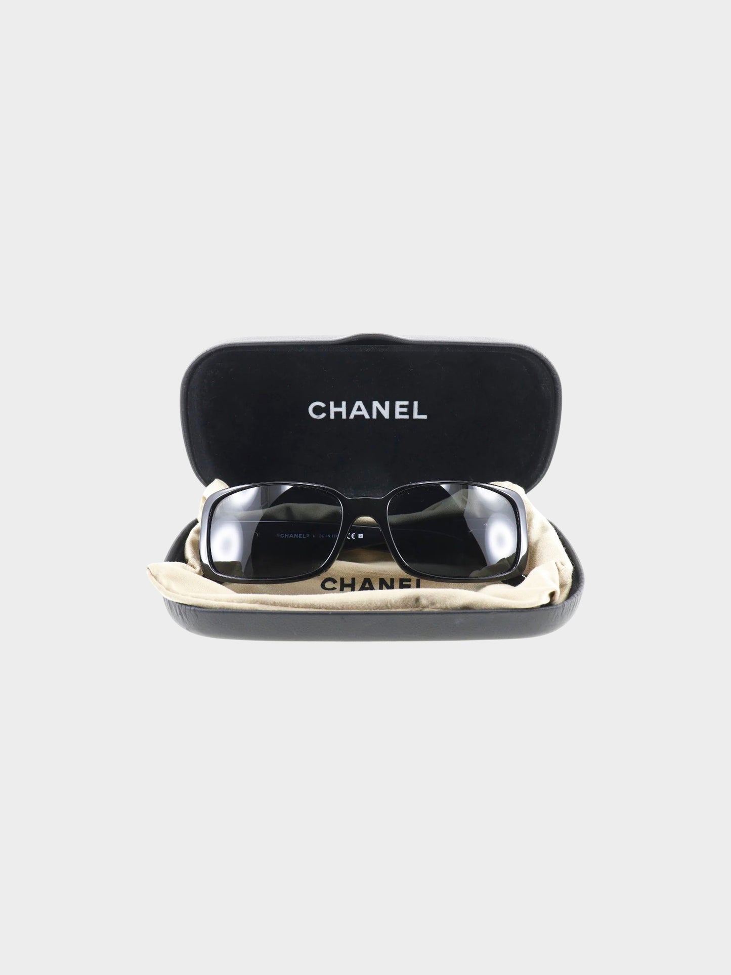 Chanel 2000s Black CC and Camellia Rectangular Sunglasses