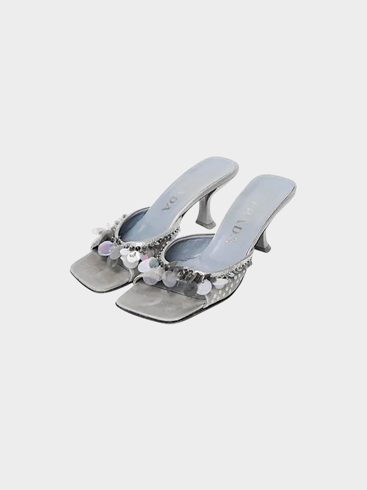 Prada SS 2000 Silver Satin Sequin Embellished Heels