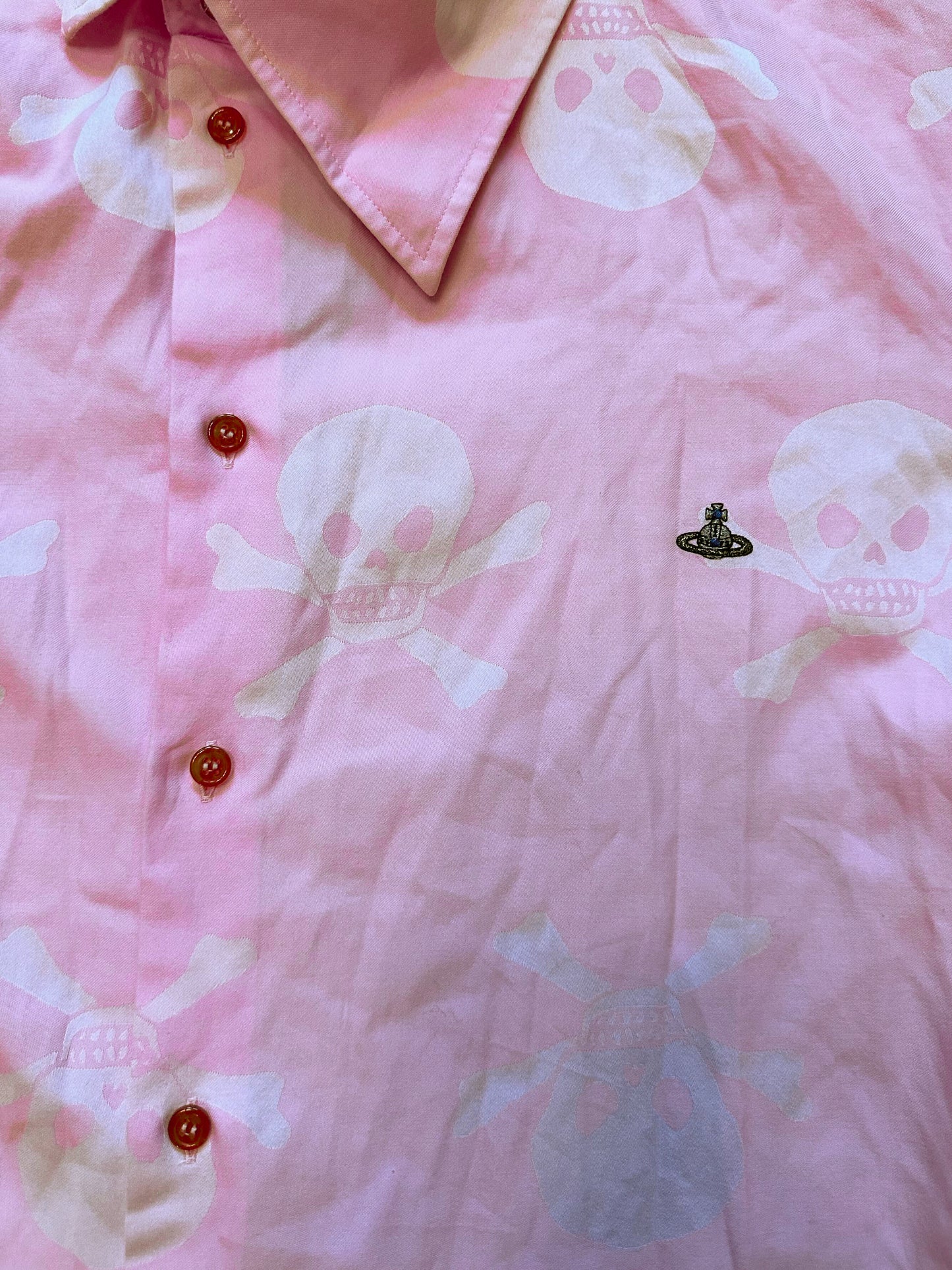 Vivienne Westwood 1990s Mens Pink Skull Print Asymmetrical Collar Orb Shirt