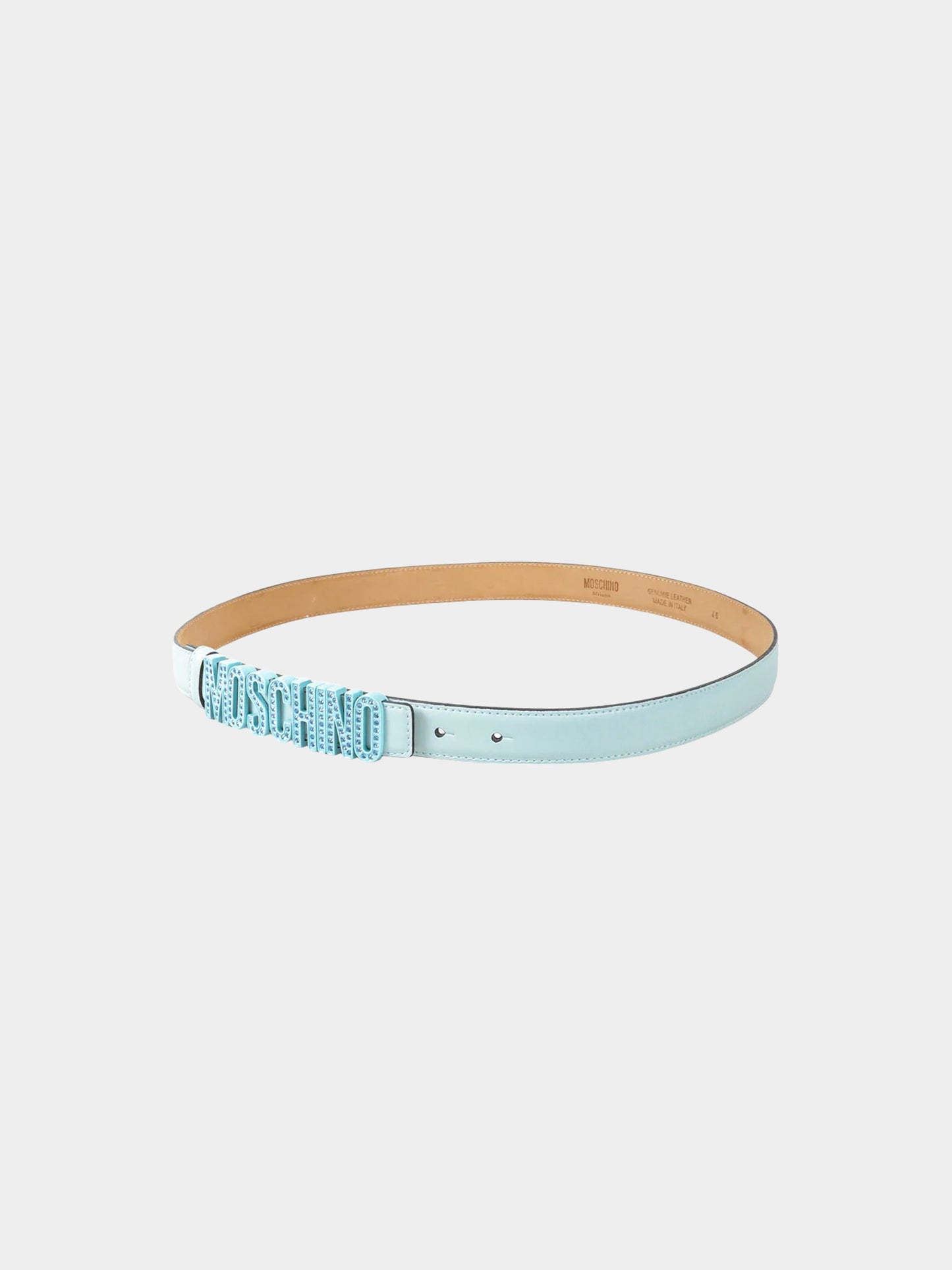Moschino 2020s Light Blue Calfskin Leather Crystal Embellished Logo Belt