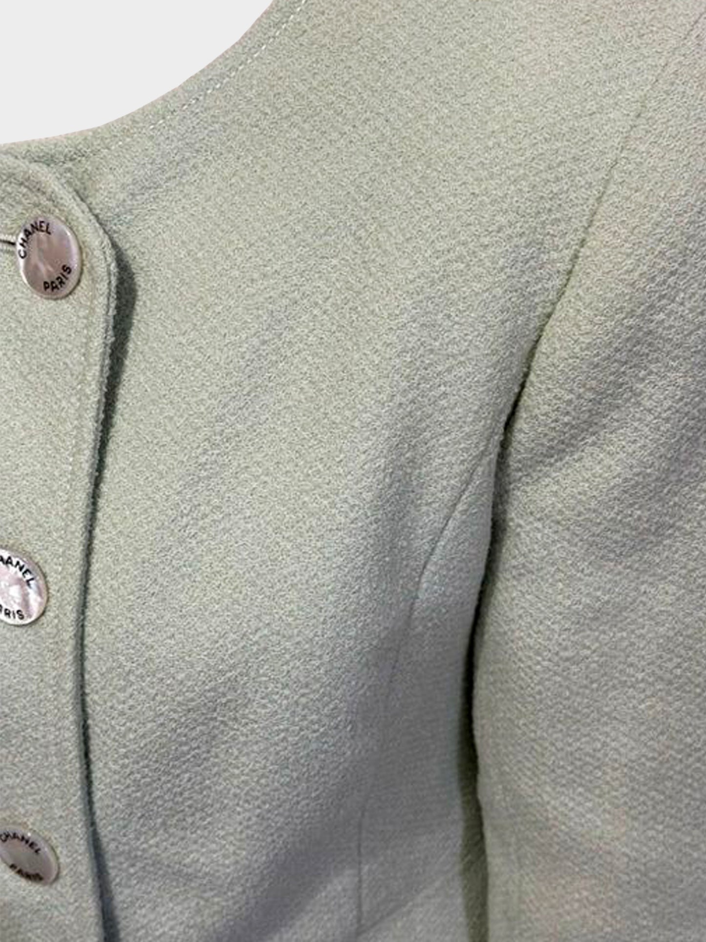 Chanel 1990s Light Sage Wool Mother of Pearl Buttons Jacket