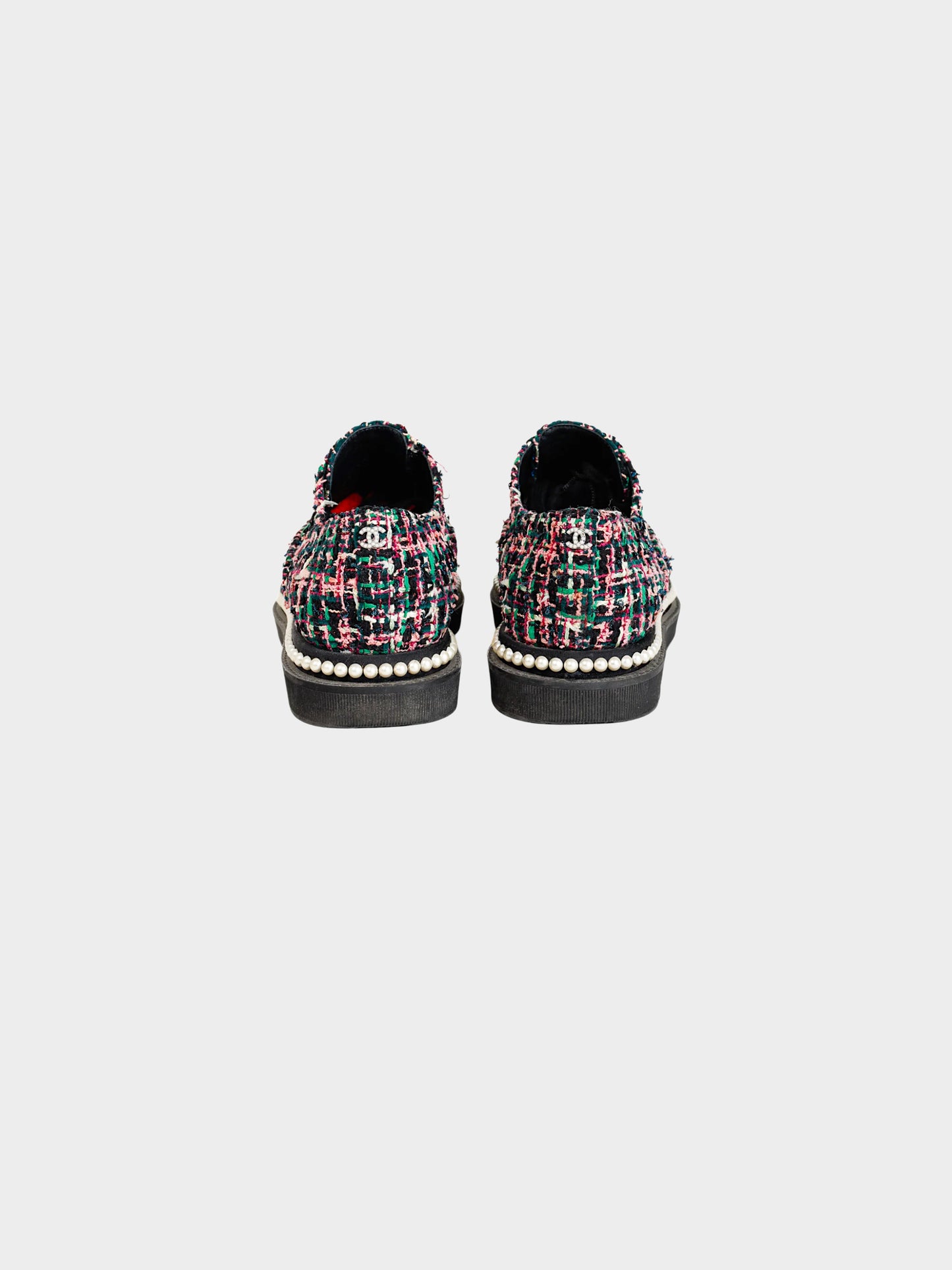 Chanel SS 2017 Tweed and Grosgrain Cap Toe Pearl Embellishes Sneakers
