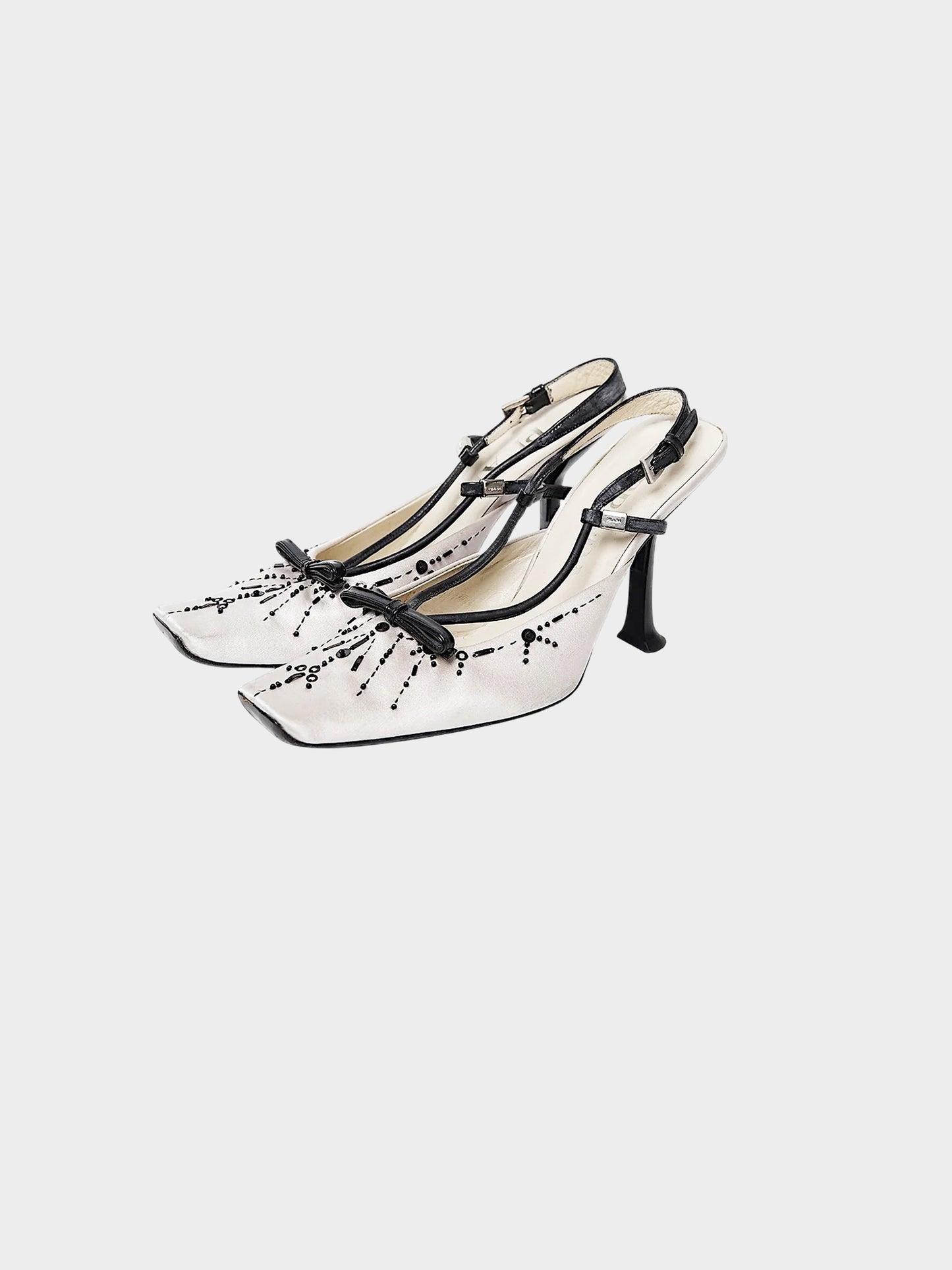 Prada SS 2000 Grey Beading and Bow Embellished Satin Heels