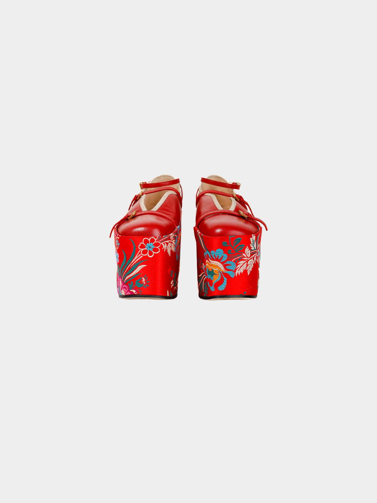 Gucci SS 2017 Runway Hannelore Detachable Red Leather Flats and Floral Embroidered Silk Platforms