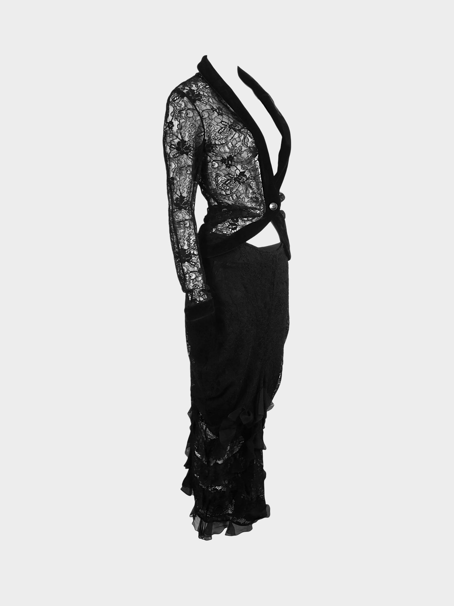 Christian Dior by John Galliano SS 2003 Black Lace Velvet Trim Top and Ruffled Skirt Set