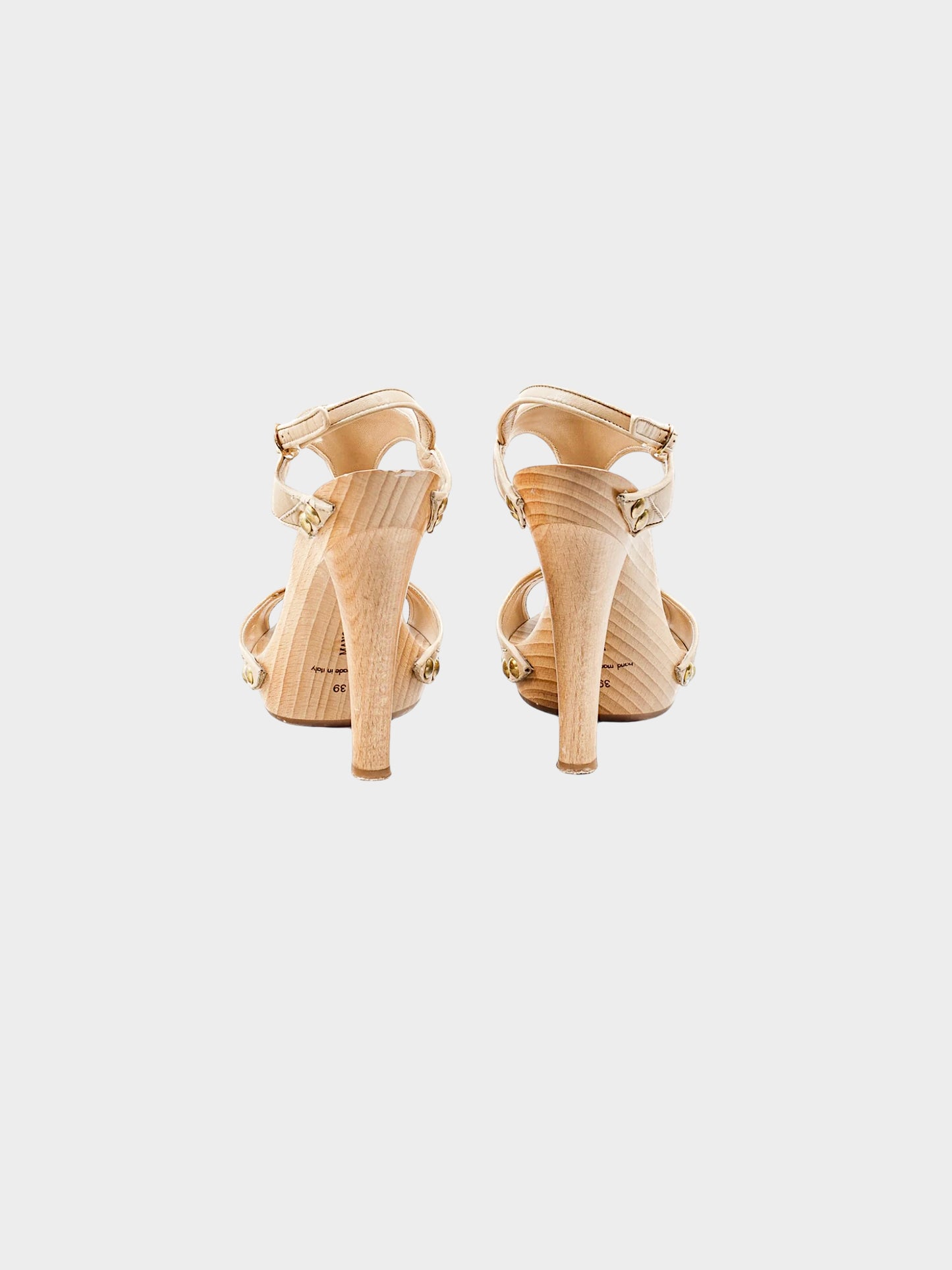 Manolo Blahnik 2000s Beige Leather and Wood T-strap Heels
