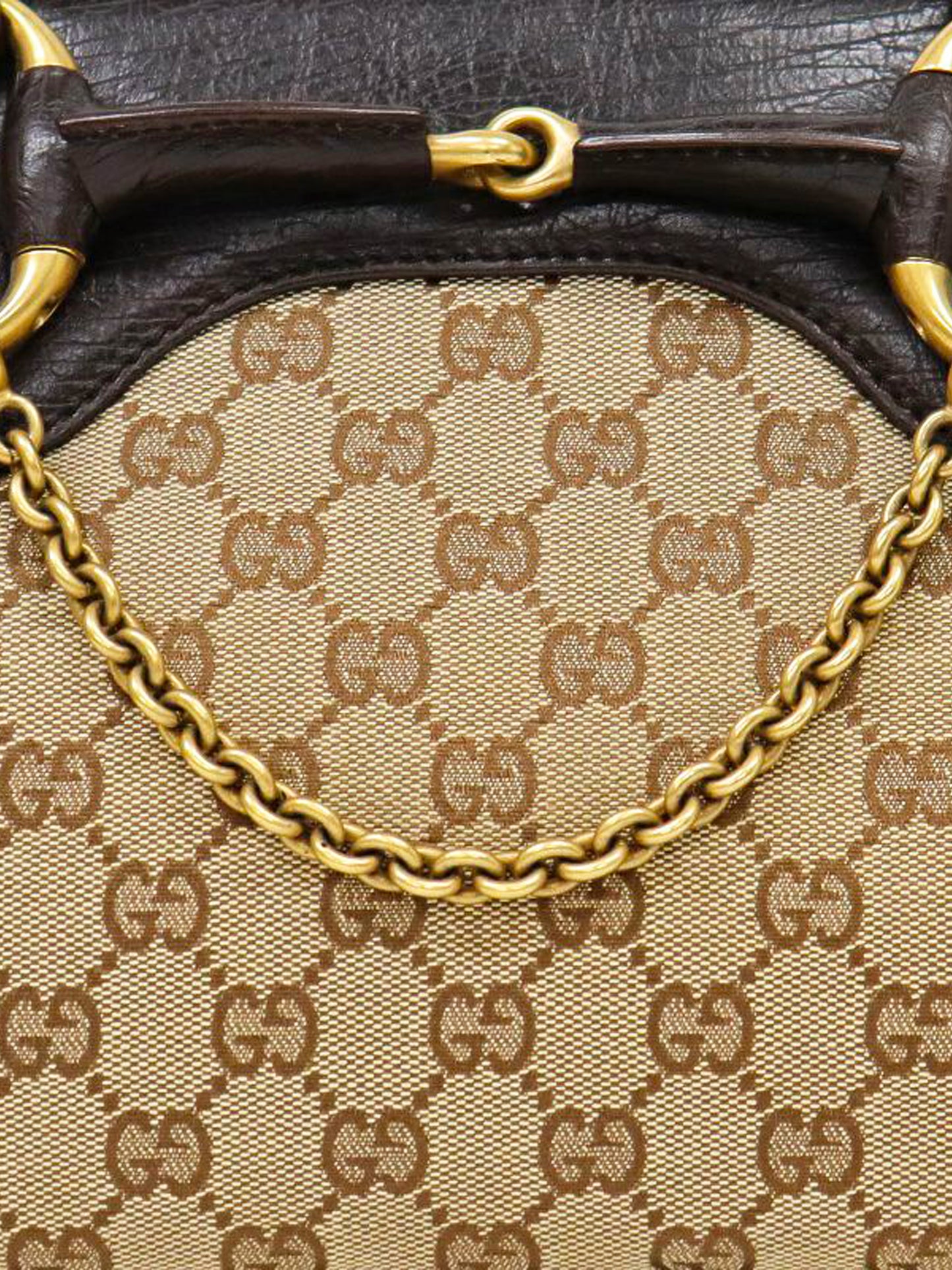 Gucci 2000s Dark Brown Leather and GG Monogram Canvas Horsebit 1955 Handbag