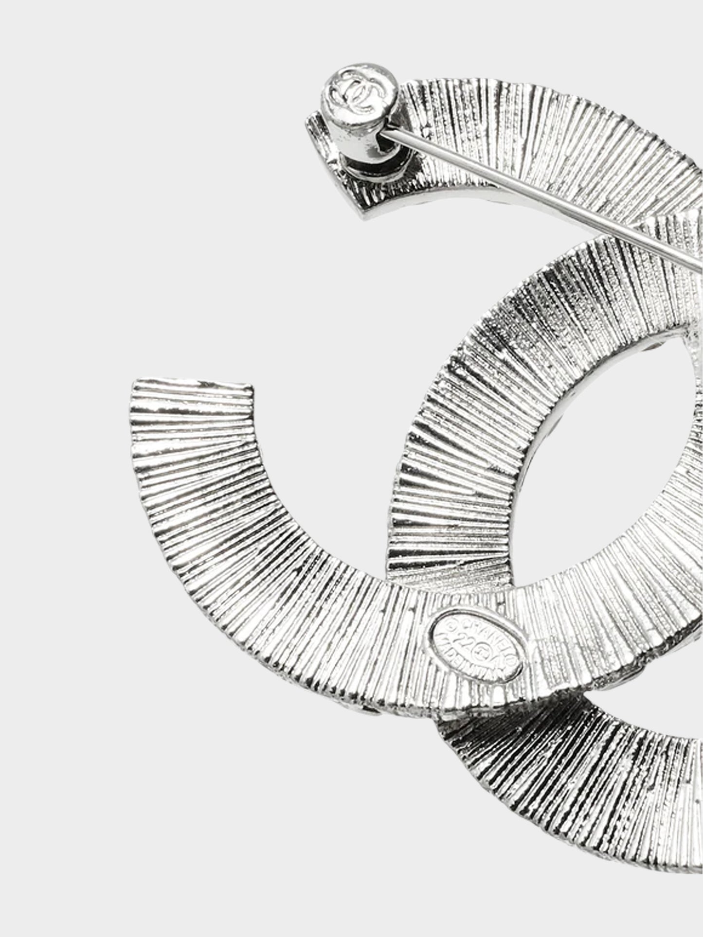 Chanel 2000s Silver Baguette Crystal Embellished CC Brooch