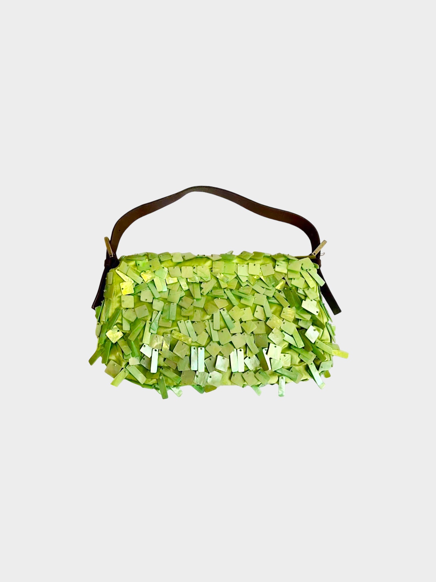 Fendi 2000s Rare Green Satin and Mother of Pearl Shell Baguette Bag