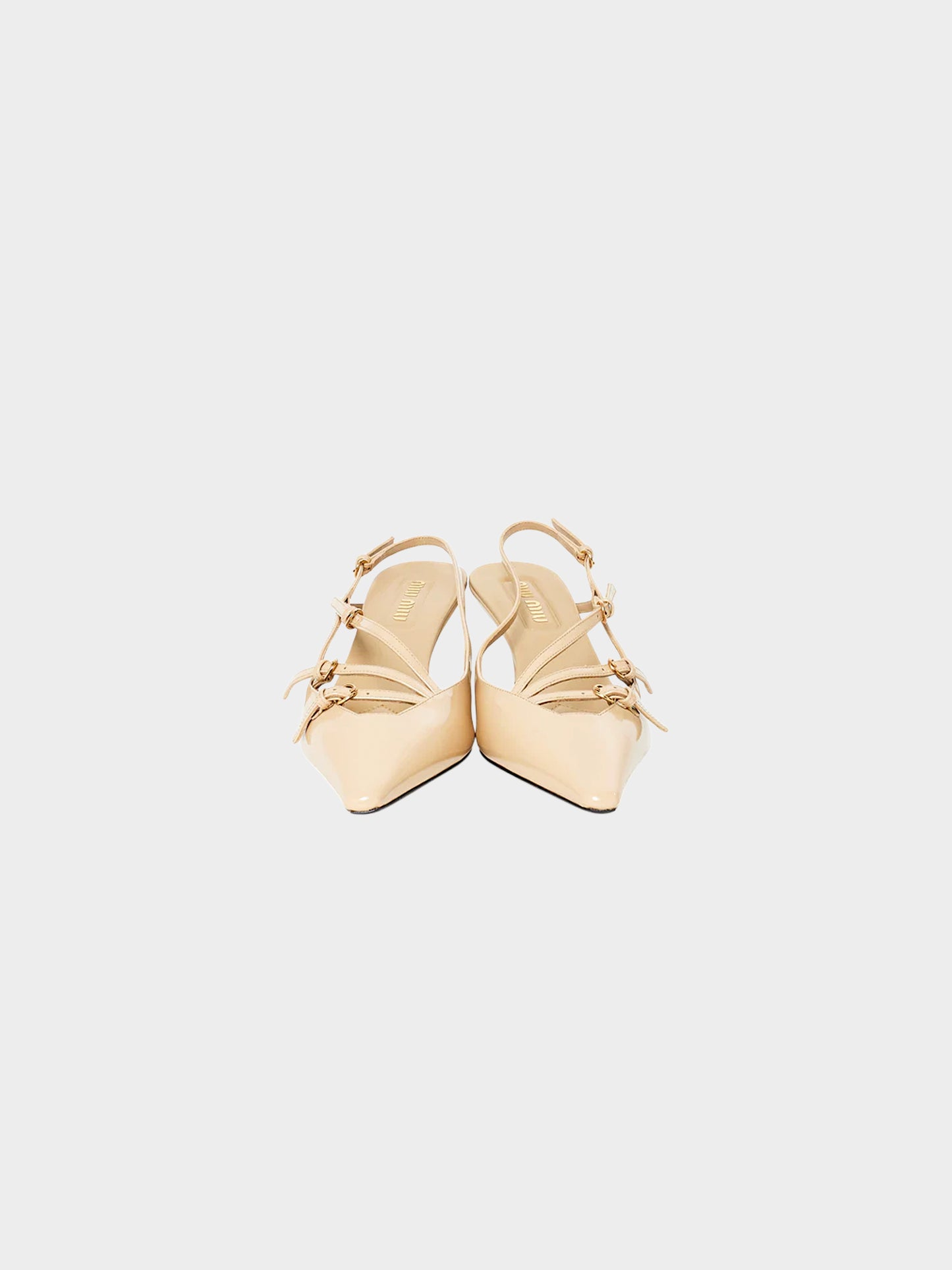 Miu Miu FW 2023 Beige Patent Leather Triple Strap Slingback Mules