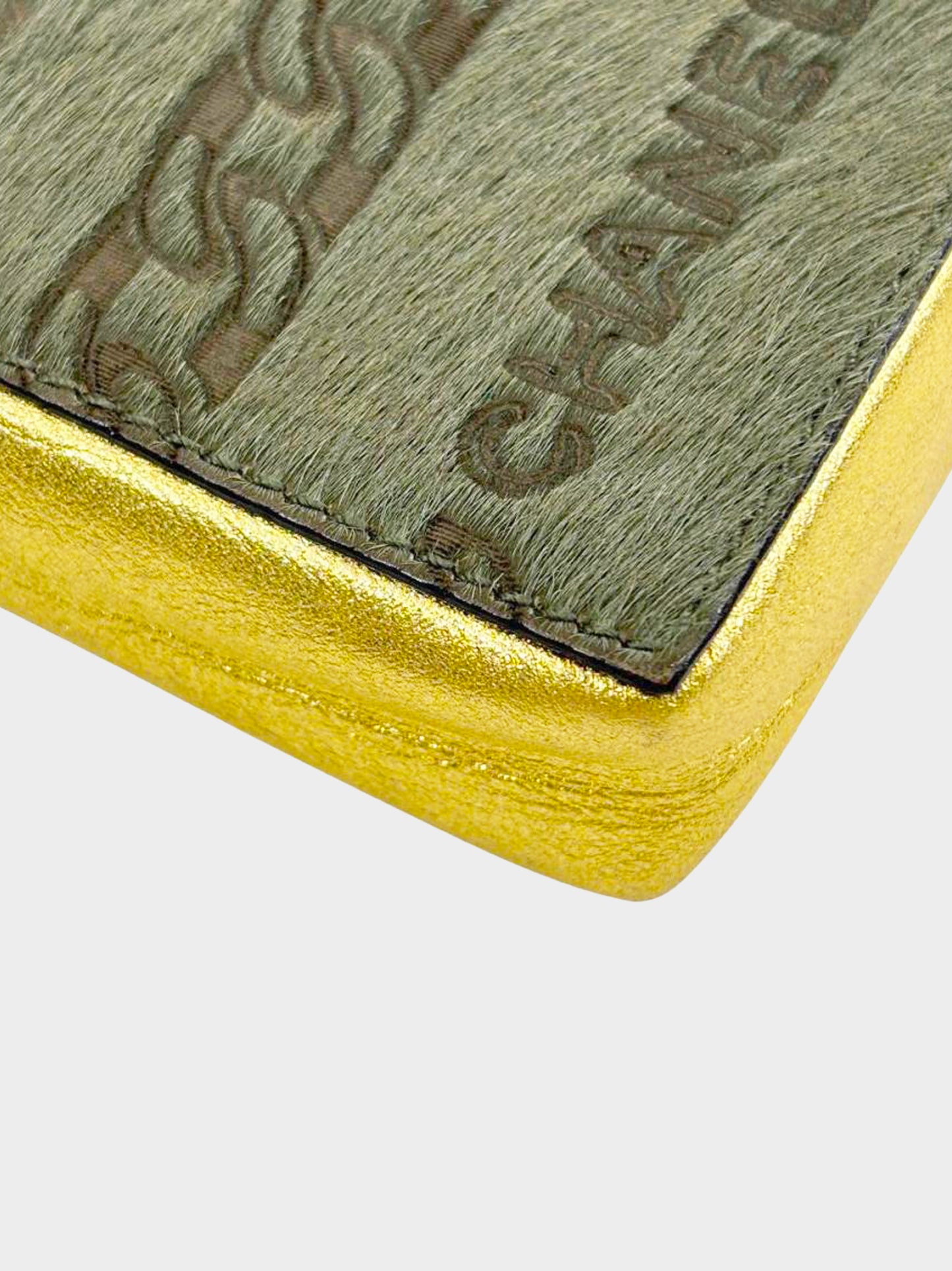 Chanel 2001 Gold Metallic Leather and Pony Hair Logo Cigarette Case Bag