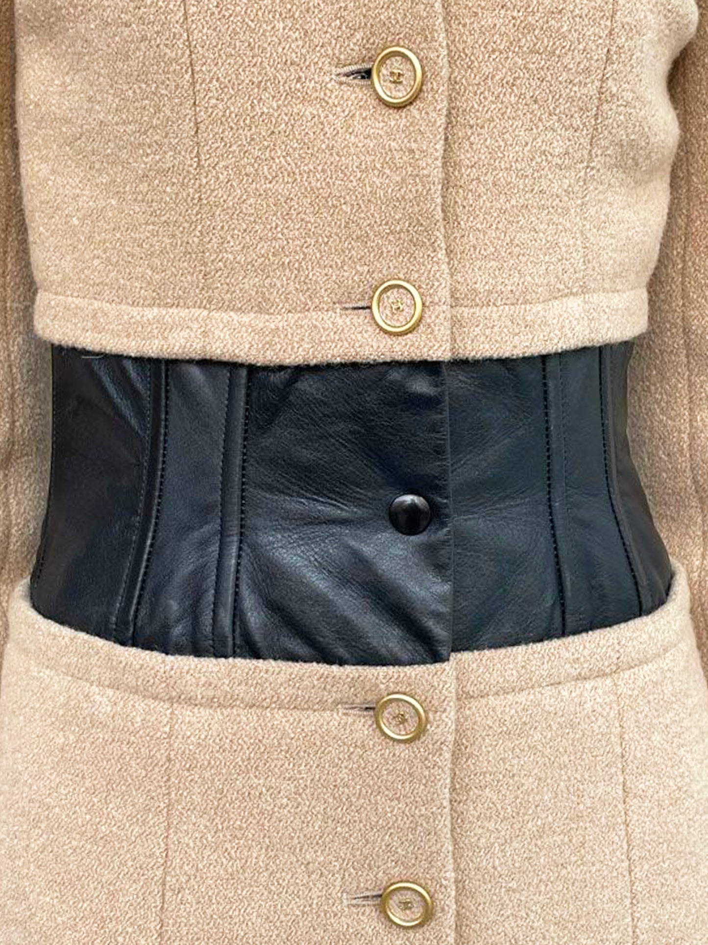 Chanel 2001 Beige Camel Hair and Black Leather Trims Coat
