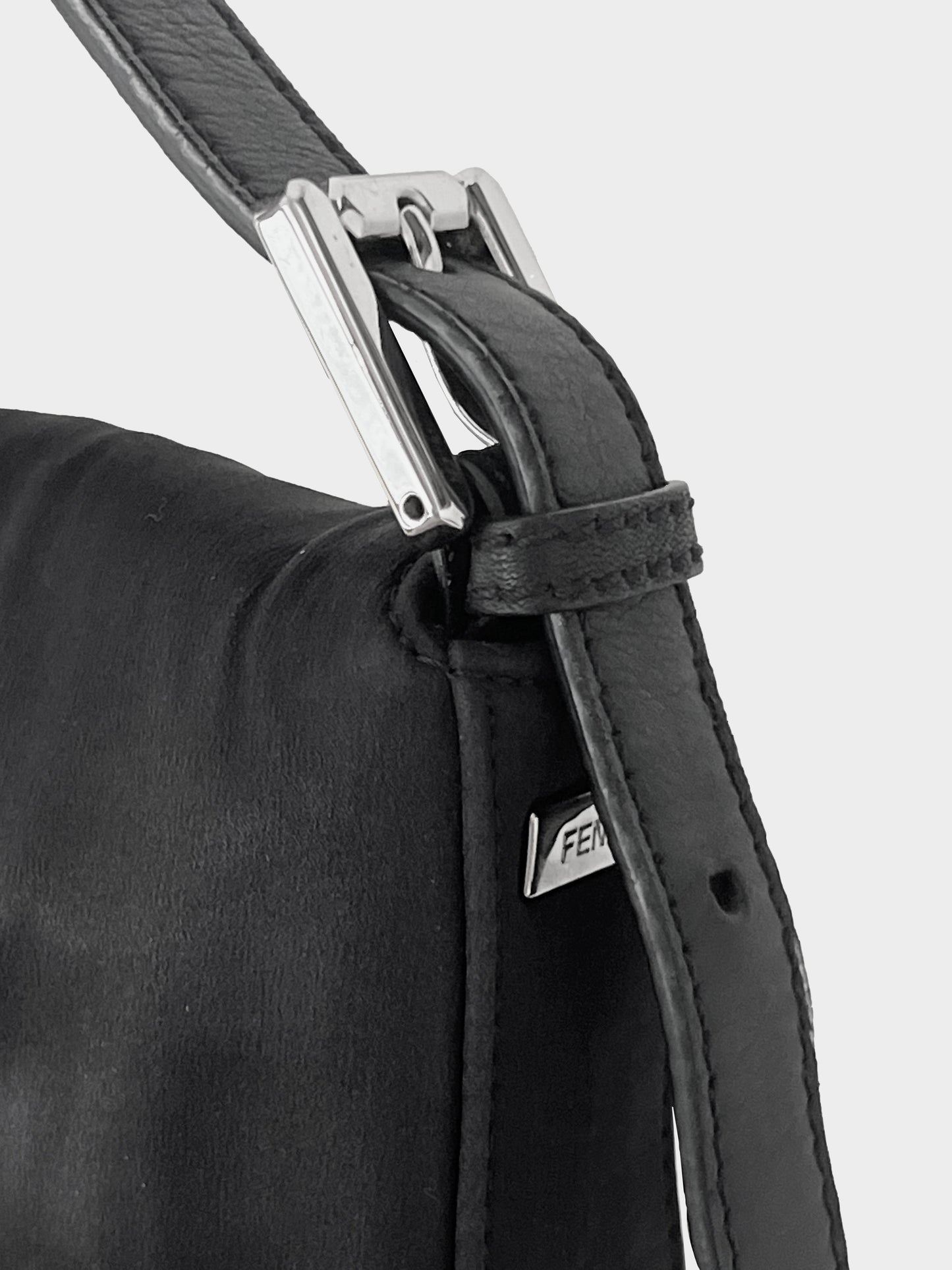 Fendi 2000s Rare Black Satin Emerald-cut Crystal Embellished Baguette Bag