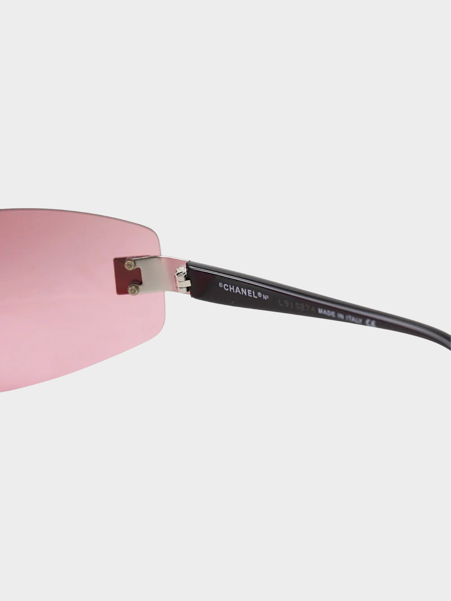Chanel 2000s Pink Monolens Rimless Rectangle CC Sunglasses