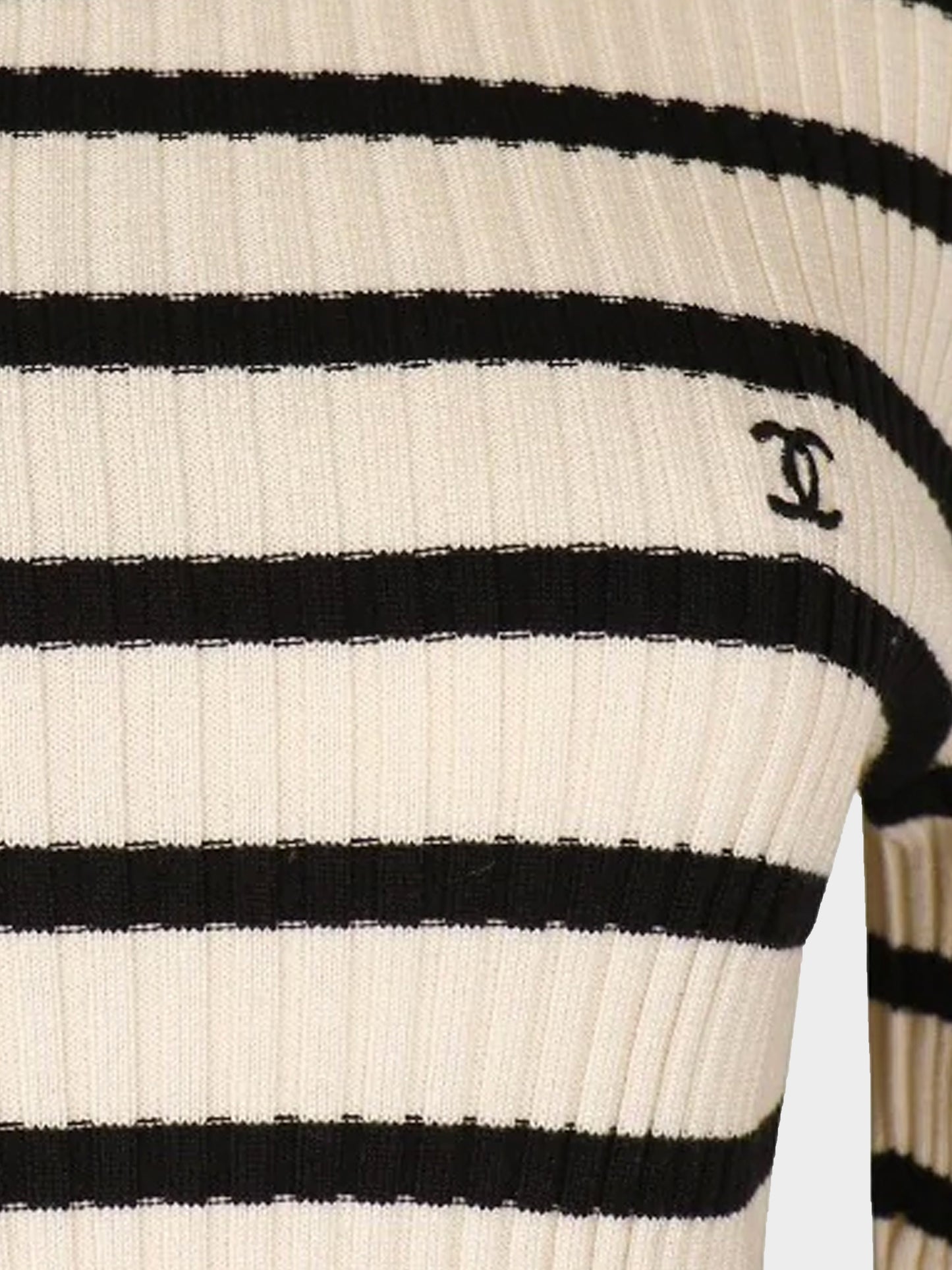 Chanel 1998 Beige and White Striped Ribbed Logo Sweater