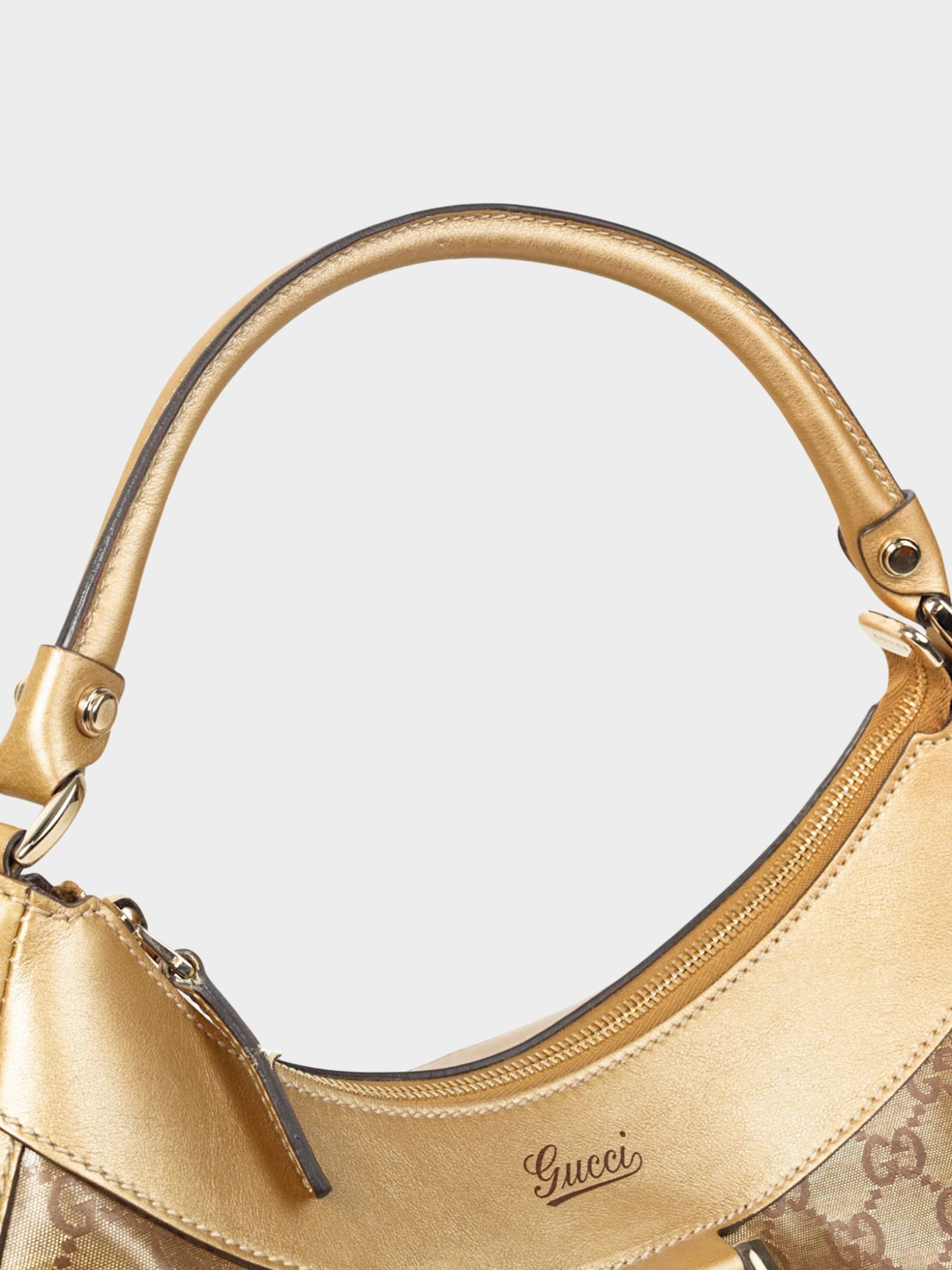 Gucci 2000s Gold Metallic Leather and Brown GG Crystal Canvas D-ring Bag