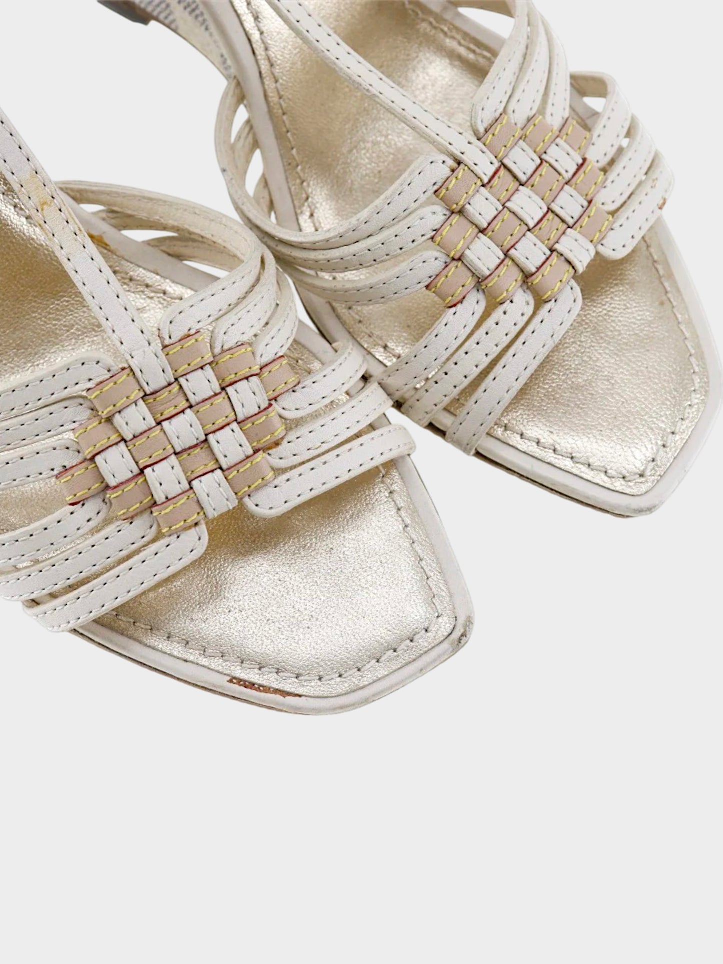 Louis Vuitton 2008 White Leather and Damier Azur Coated Canvas Wedge Sandals