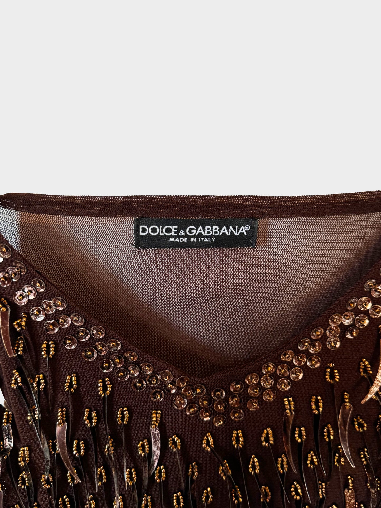 Dolce and Gabbana 2000s Dark Brown Beading and Tiger Tooth Sequin Embellished Sheer Tulle Top