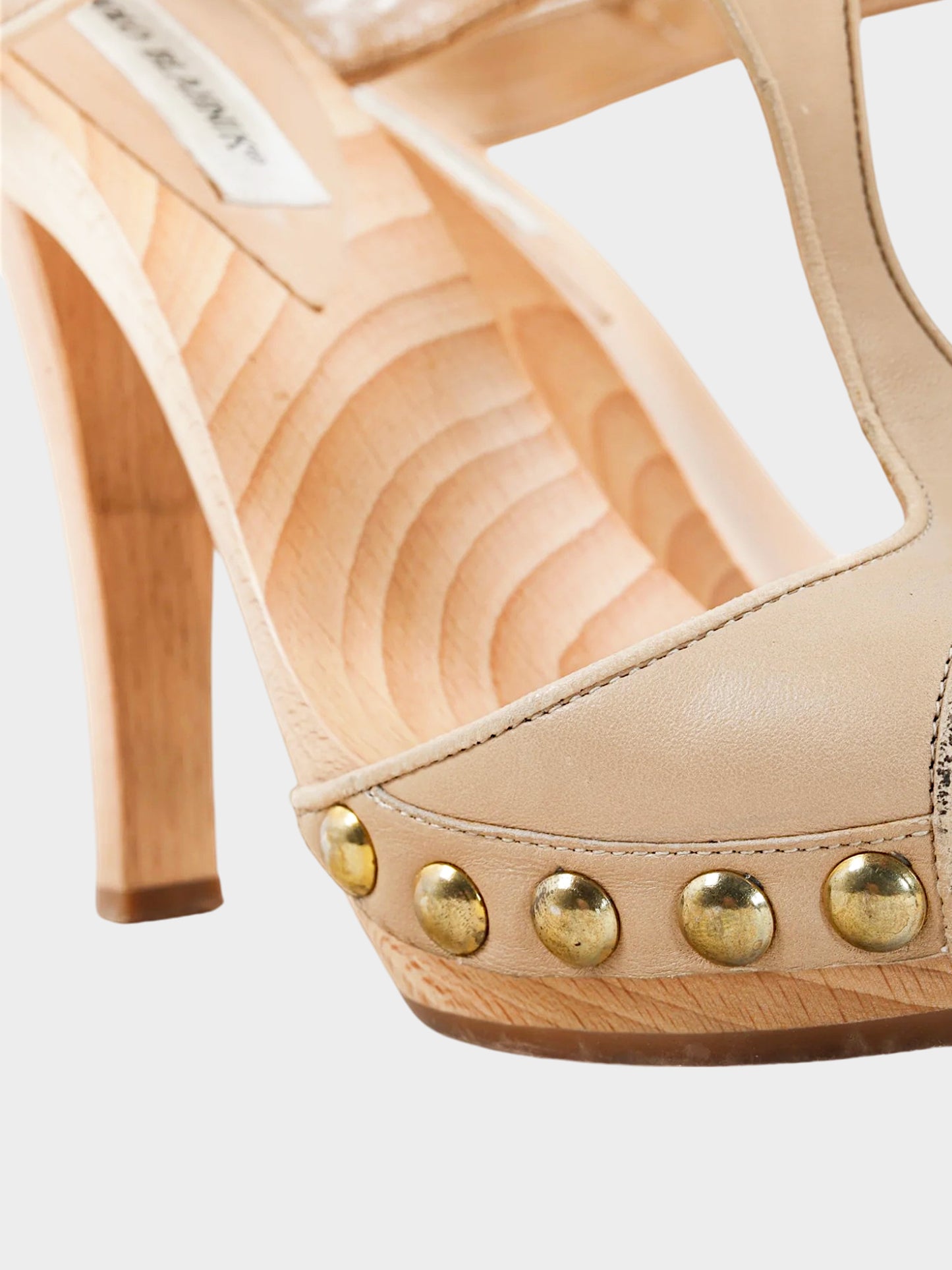 Manolo Blahnik 2000s Beige Leather and Wood T-strap Heels