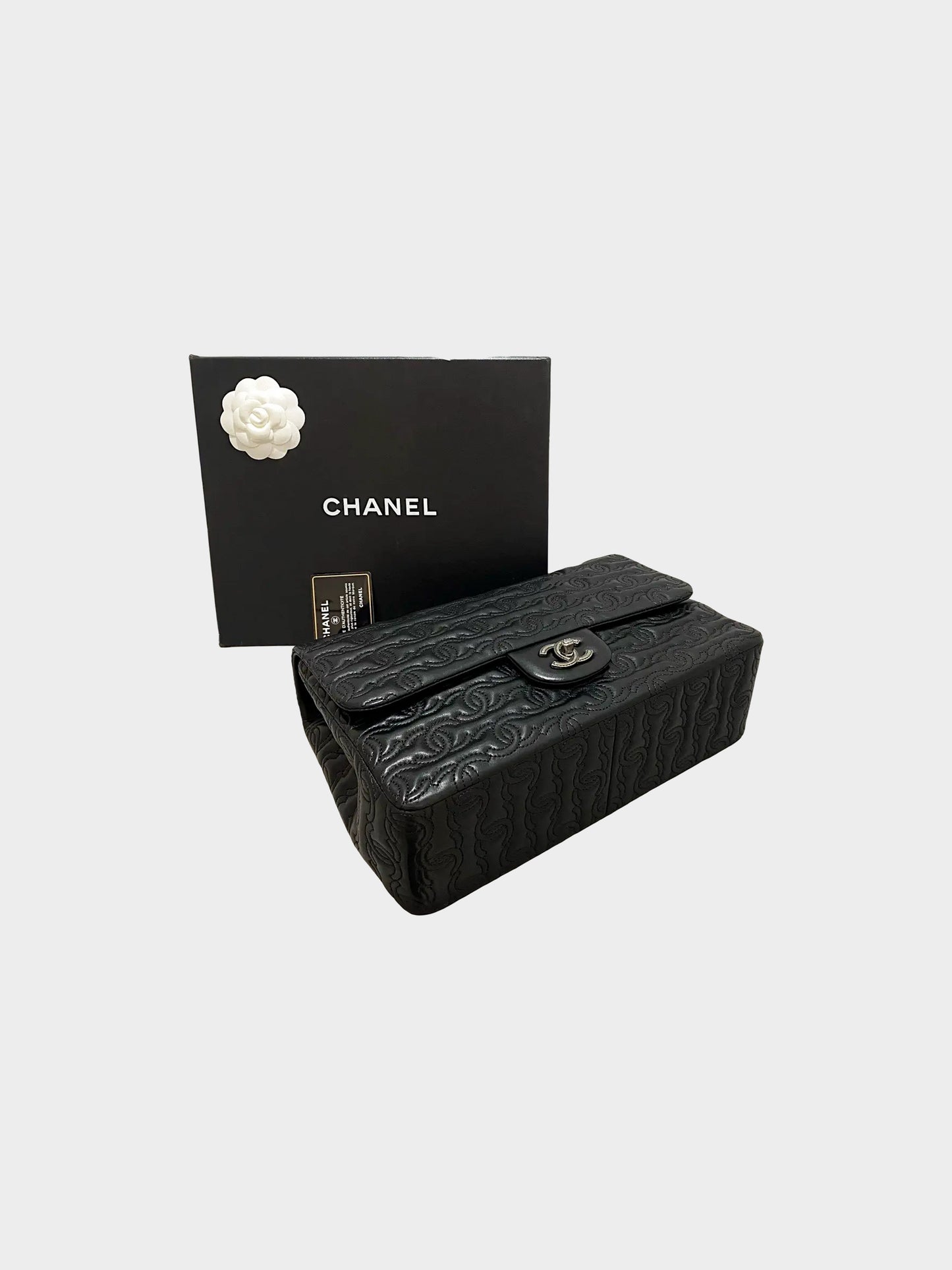 Chanel 2014 Black Calfskin Leather Stitched and Embossed CC Flap Bag