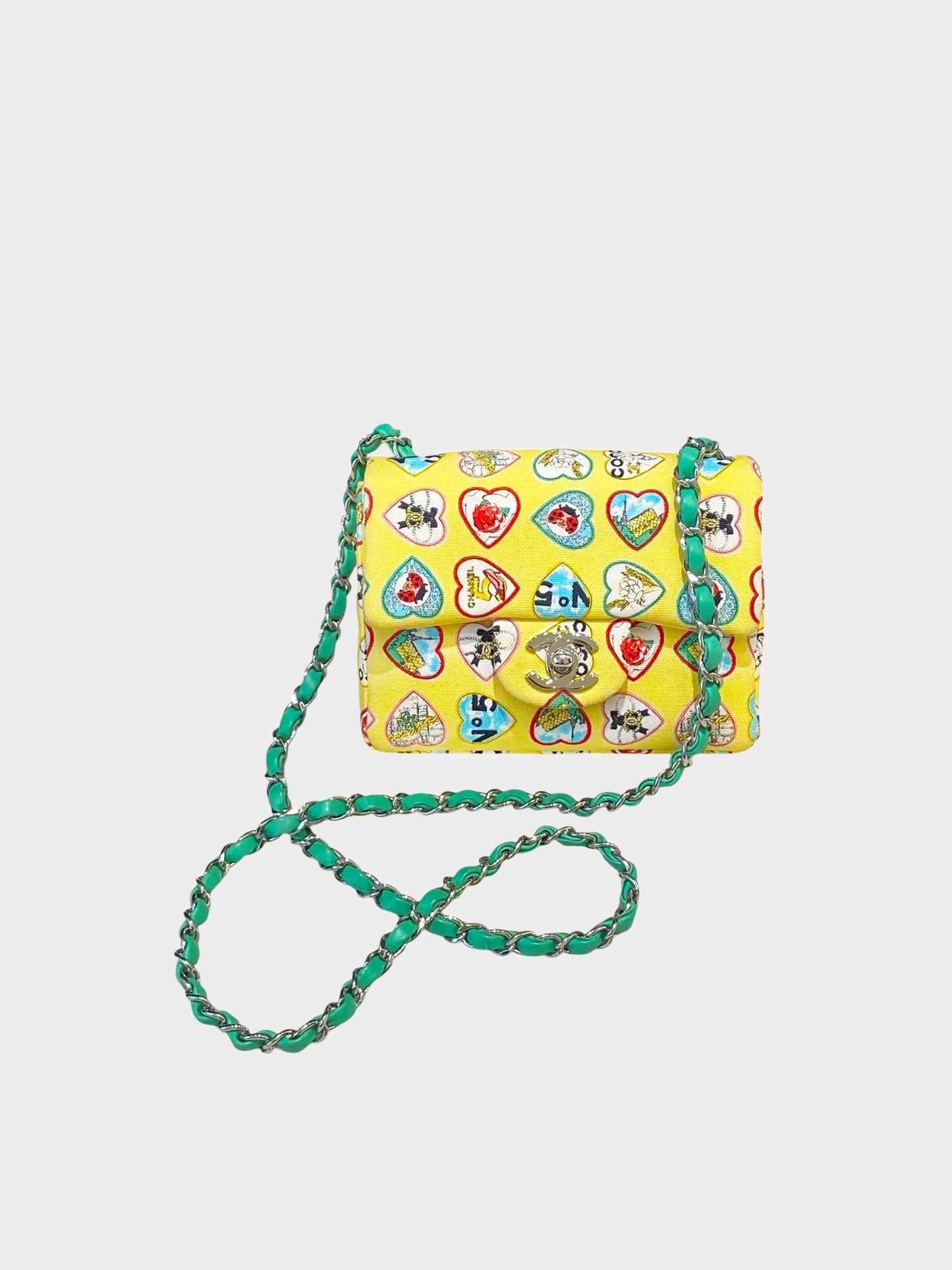 Chanel 2005-2006  Yellow Canvas Valentine's Day Hearts Mini Square Flap Bag