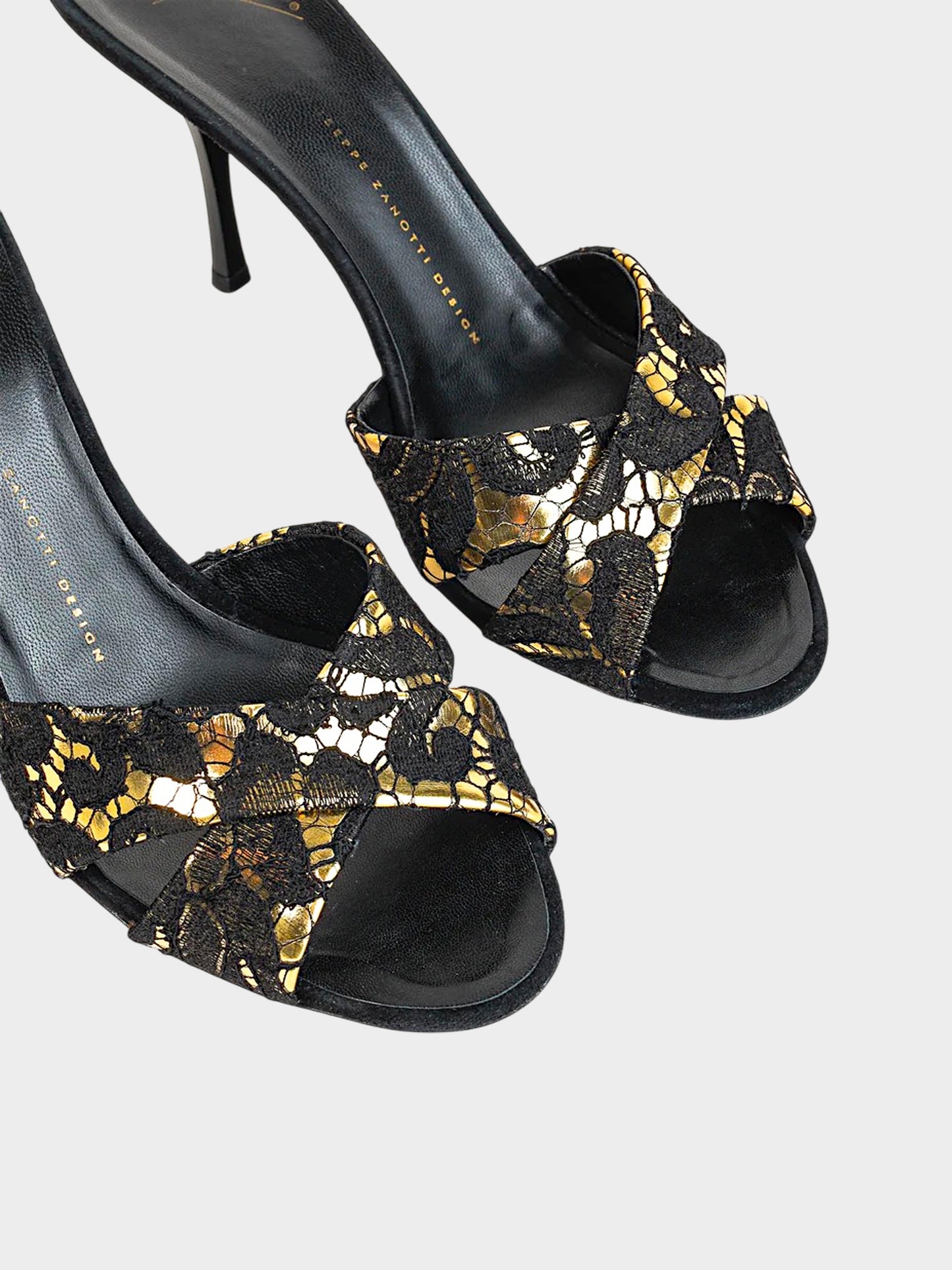 Giuseppe Zanotti 2010s Black Lace and Gold Metallic Leather Heels