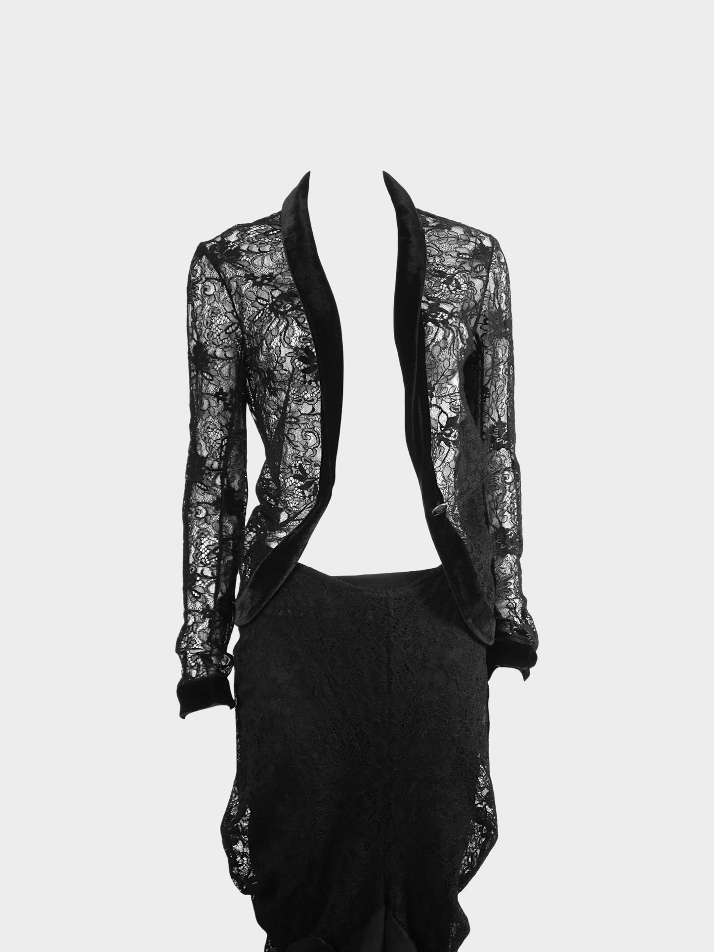 Christian Dior by John Galliano SS 2003 Black Lace Velvet Trim Top and Ruffled Skirt Set