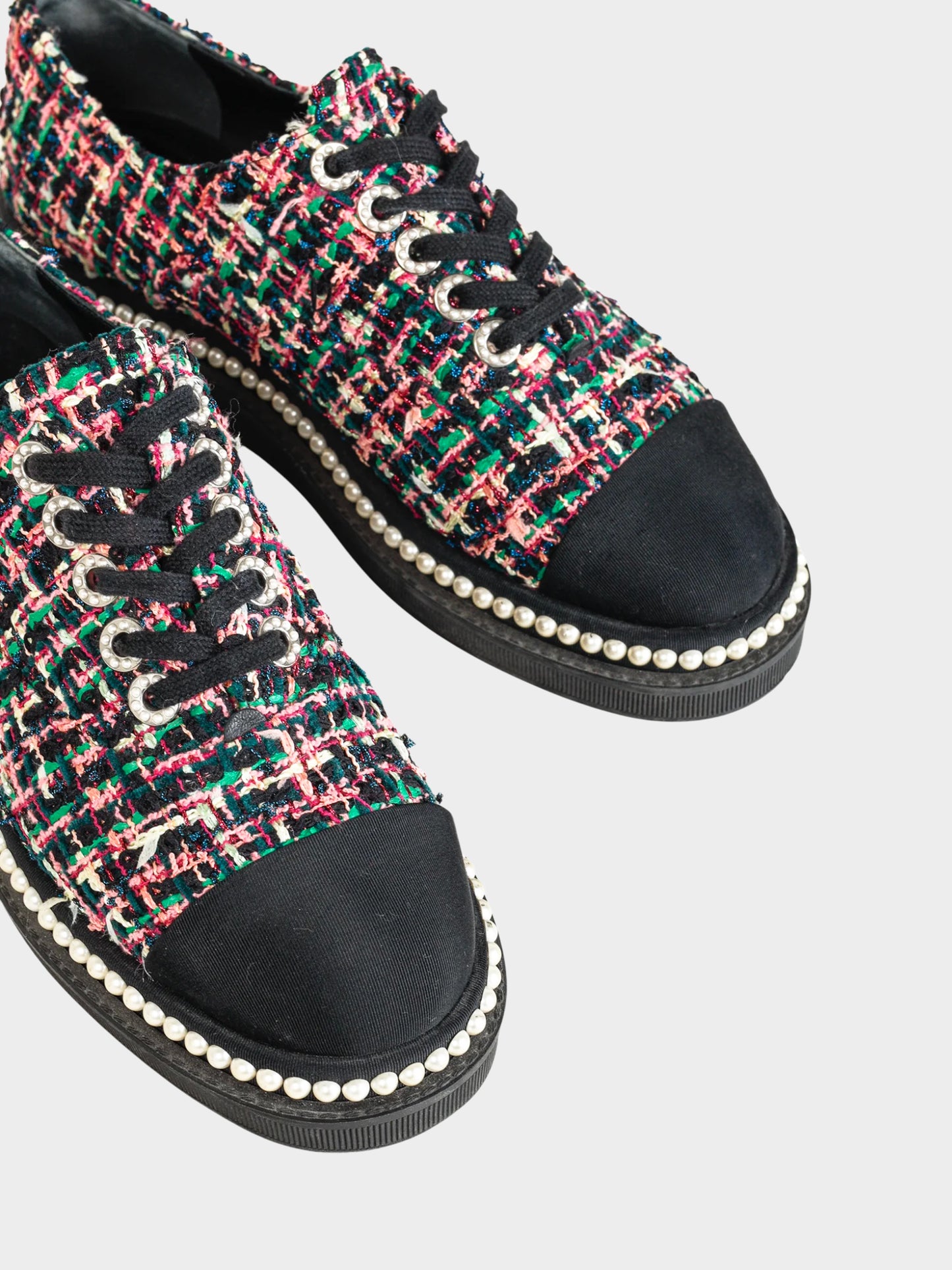 Chanel SS 2017 Tweed and Grosgrain Cap Toe Pearl Embellishes Sneakers
