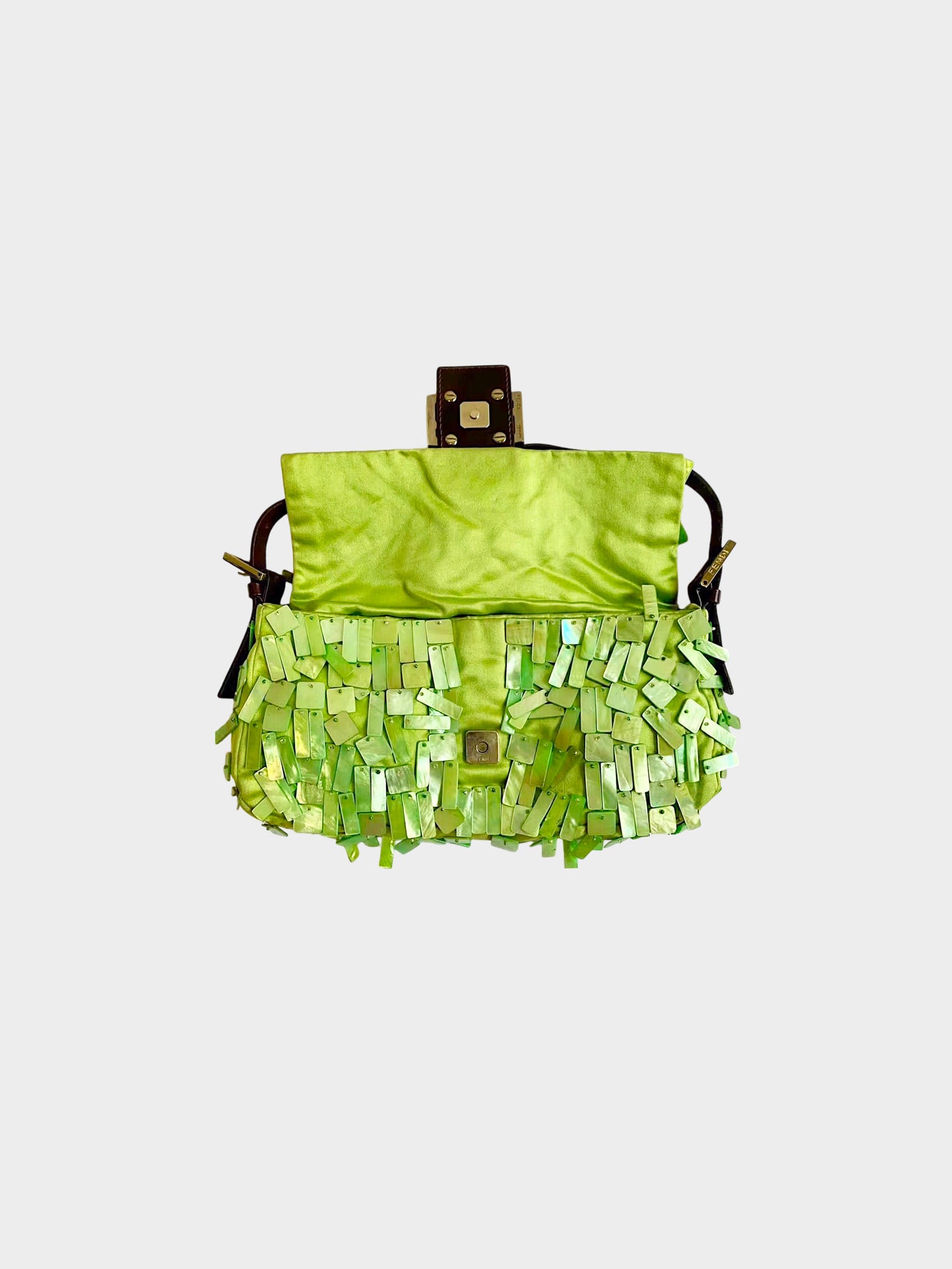 Fendi 2000s Rare Green Satin and Mother of Pearl Shell Baguette Bag