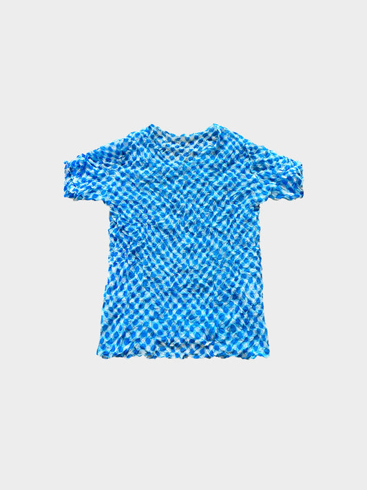 Issey Miyake 1990s Blue Polka Dot Print Crinkle-Effect Top