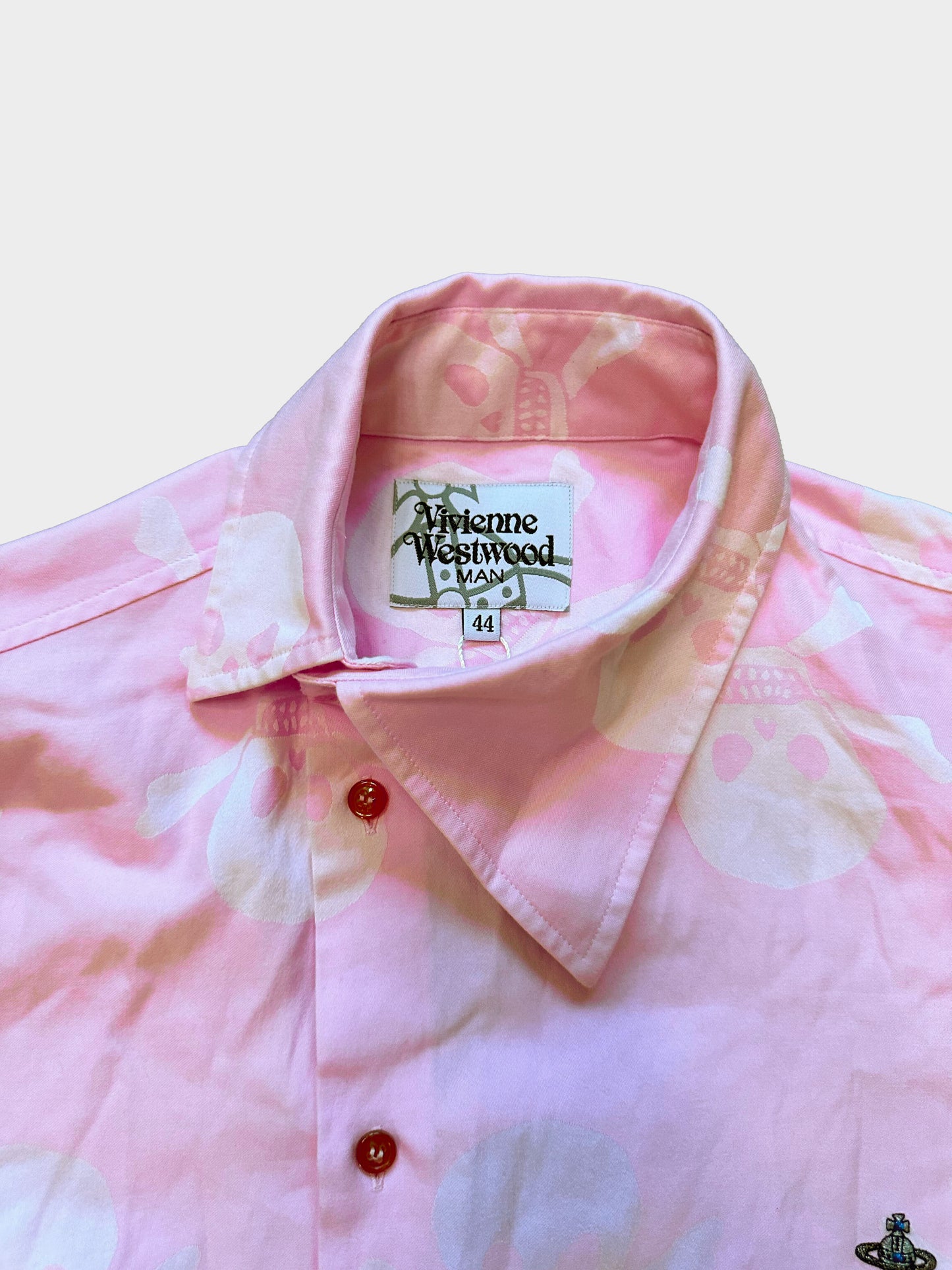 Vivienne Westwood 1990s Mens Pink Skull Print Asymmetrical Collar Orb Shirt