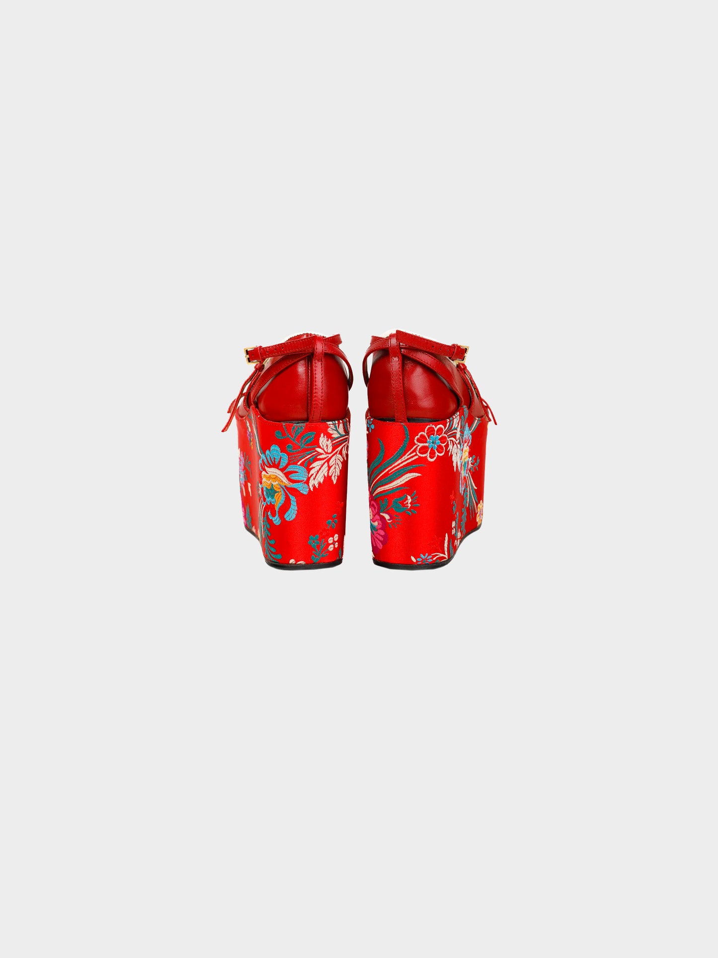 Gucci SS 2017 Runway Hannelore Detachable Red Leather Flats and Floral Embroidered Silk Platforms