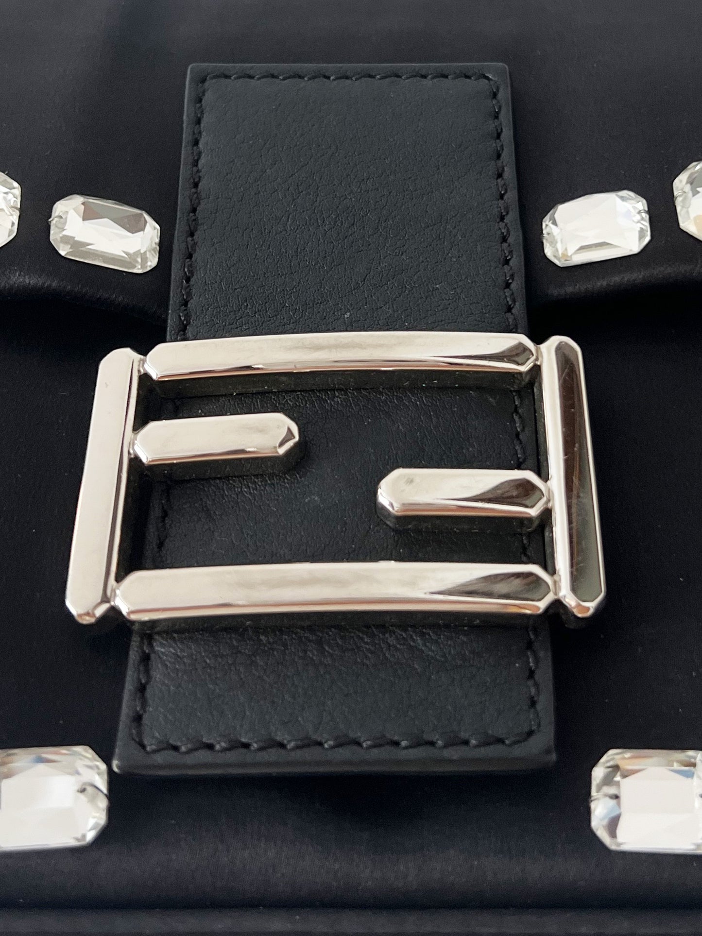 Fendi 2000s Rare Black Satin Emerald-cut Crystal Embellished Baguette Bag
